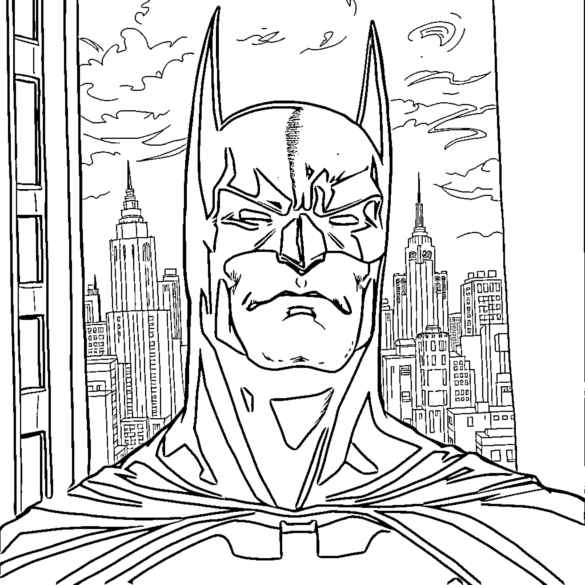Batman Brooding over Cityscape Coloring Page (free black-and-white line drawing printable PDF for all, from beginners to advanced learners, including children, teens, adults, and seniors)