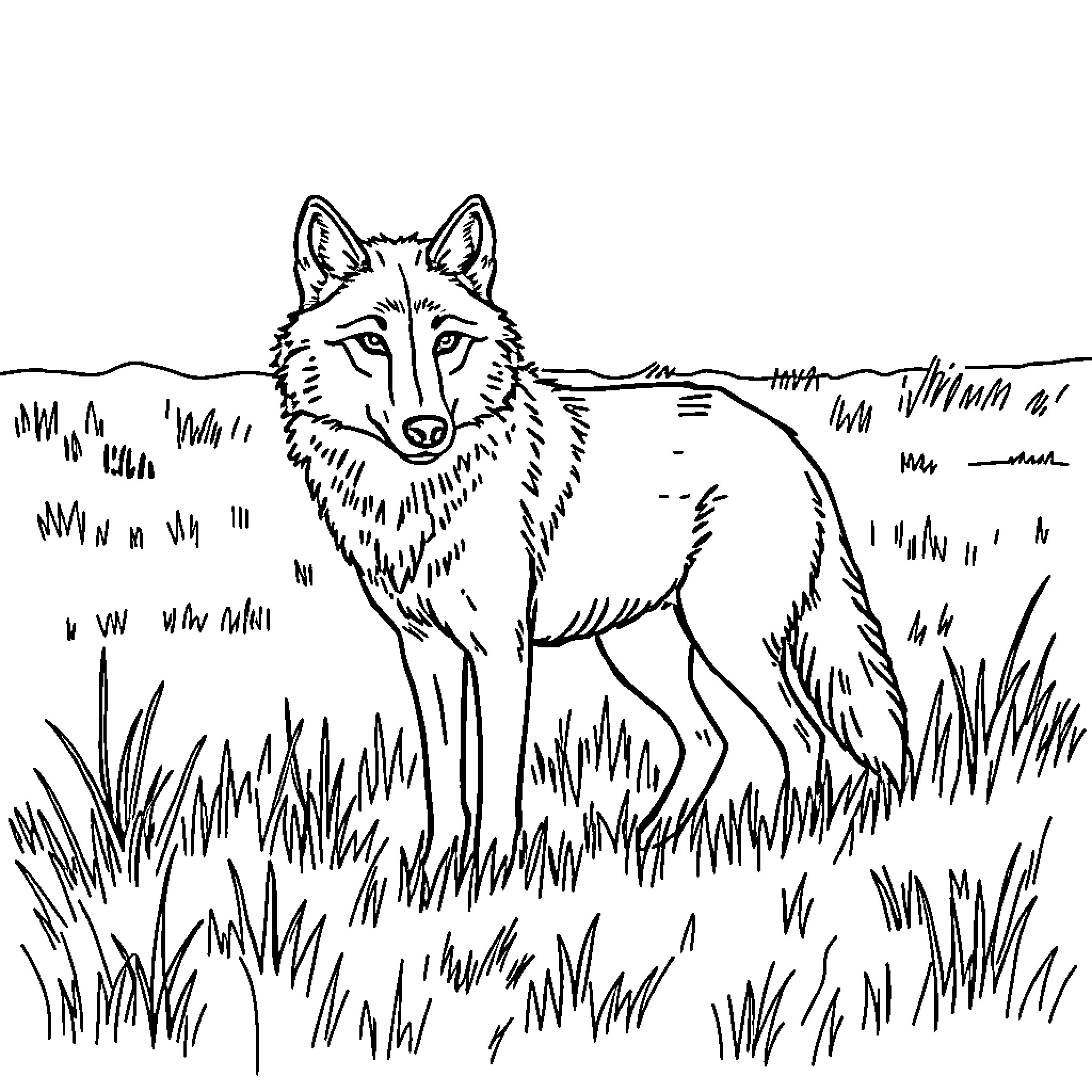 Wolf standing alert in grassy field Coloring Page (free black-and-white line drawing printable PDF for all, from beginners to advanced learners, including children, teens, adults, and seniors)