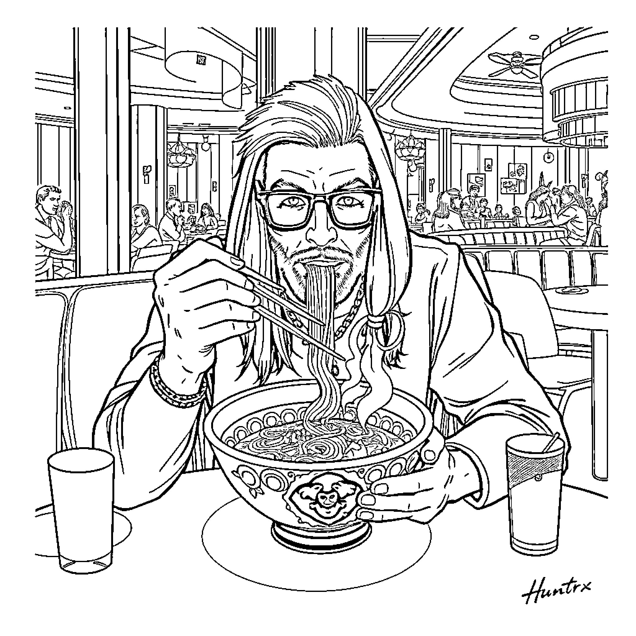 HUNTR/X Man enjoying meal at diner Coloring Page (free black-and-white line drawing printable PDF for all, from beginners to advanced learners, including children, teens, adults, and seniors)