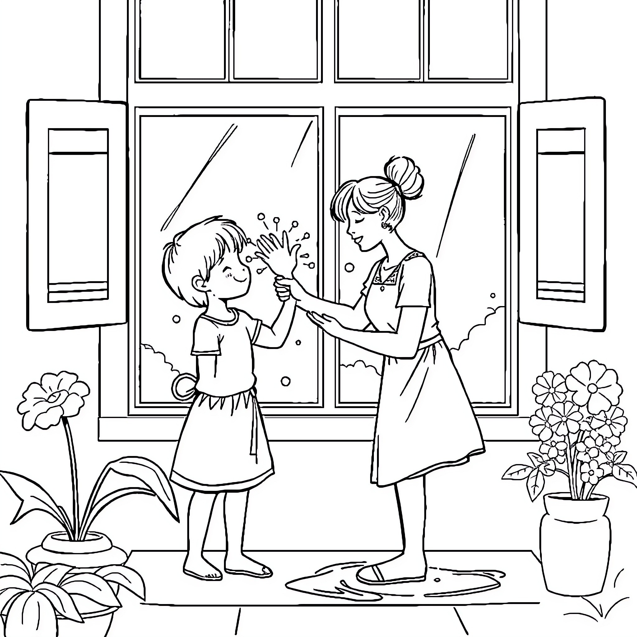Mommy doing mother's care for her child Coloring Page (free black-and-white line drawing printable PDF for all, from beginners to advanced learners, including children, teens, adults, and seniors)