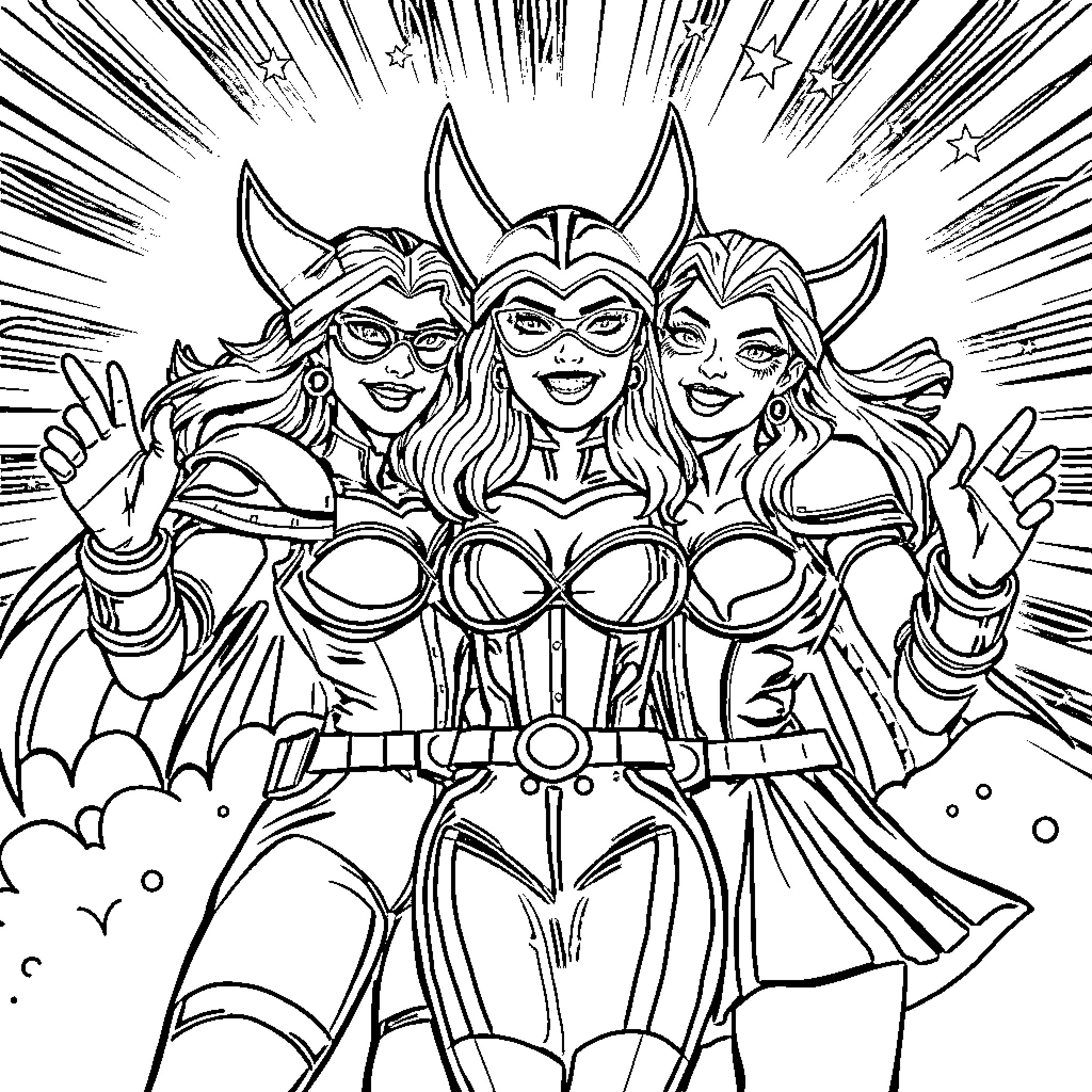 Pop Warriors Posing with Heroic Expressions Coloring Page (free black-and-white line drawing printable PDF for all, from beginners to advanced learners, including children, teens, adults, and seniors)