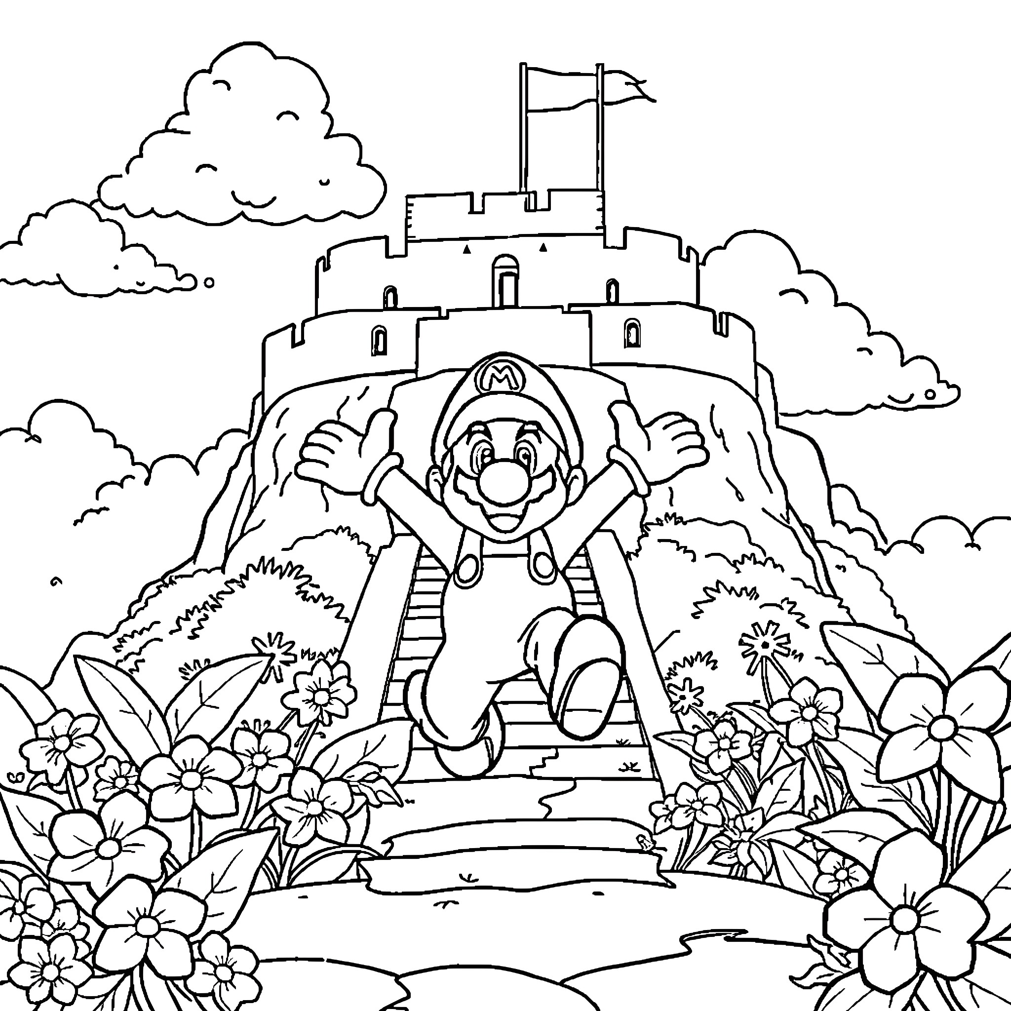 Super Mario jumping happily in a colorful landscape Coloring Page (free black-and-white line drawing printable PDF for all, from beginners to advanced learners, including children, teens, adults, and seniors)