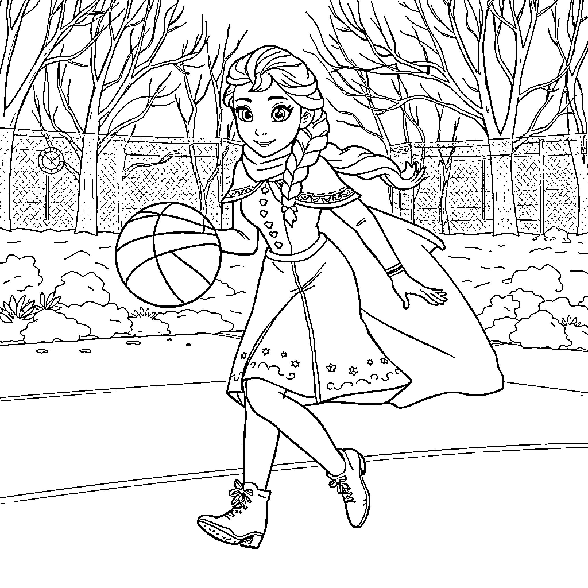 Anna enjoying a basketball game in the park Coloring Page (free black-and-white line drawing printable PDF for all, from beginners to advanced learners, including children, teens, adults, and seniors)