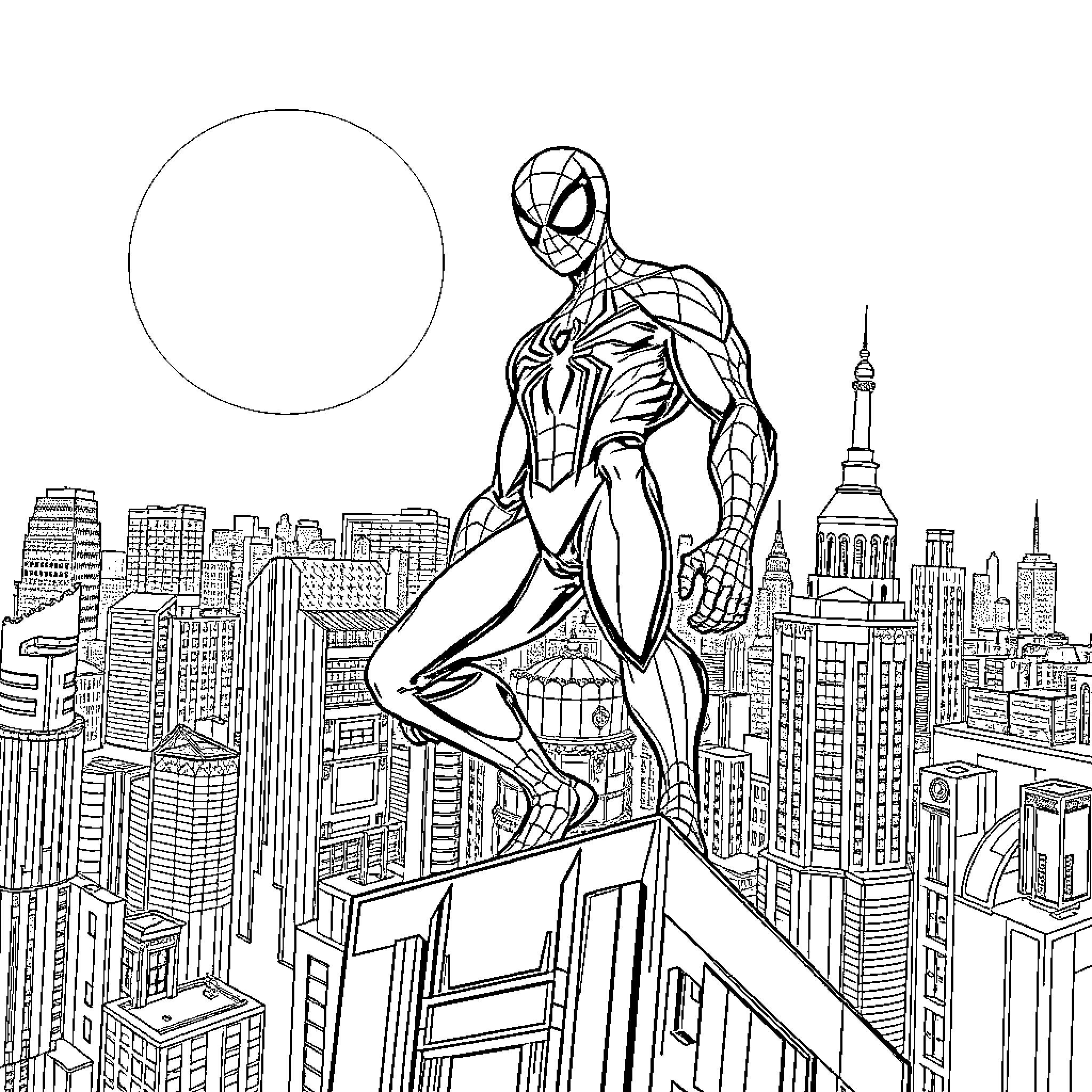 Spiderman 2099 overlooking futuristic city skyline Coloring Page (free black-and-white line drawing printable PDF for all, from beginners to advanced learners, including children, teens, adults, and seniors)