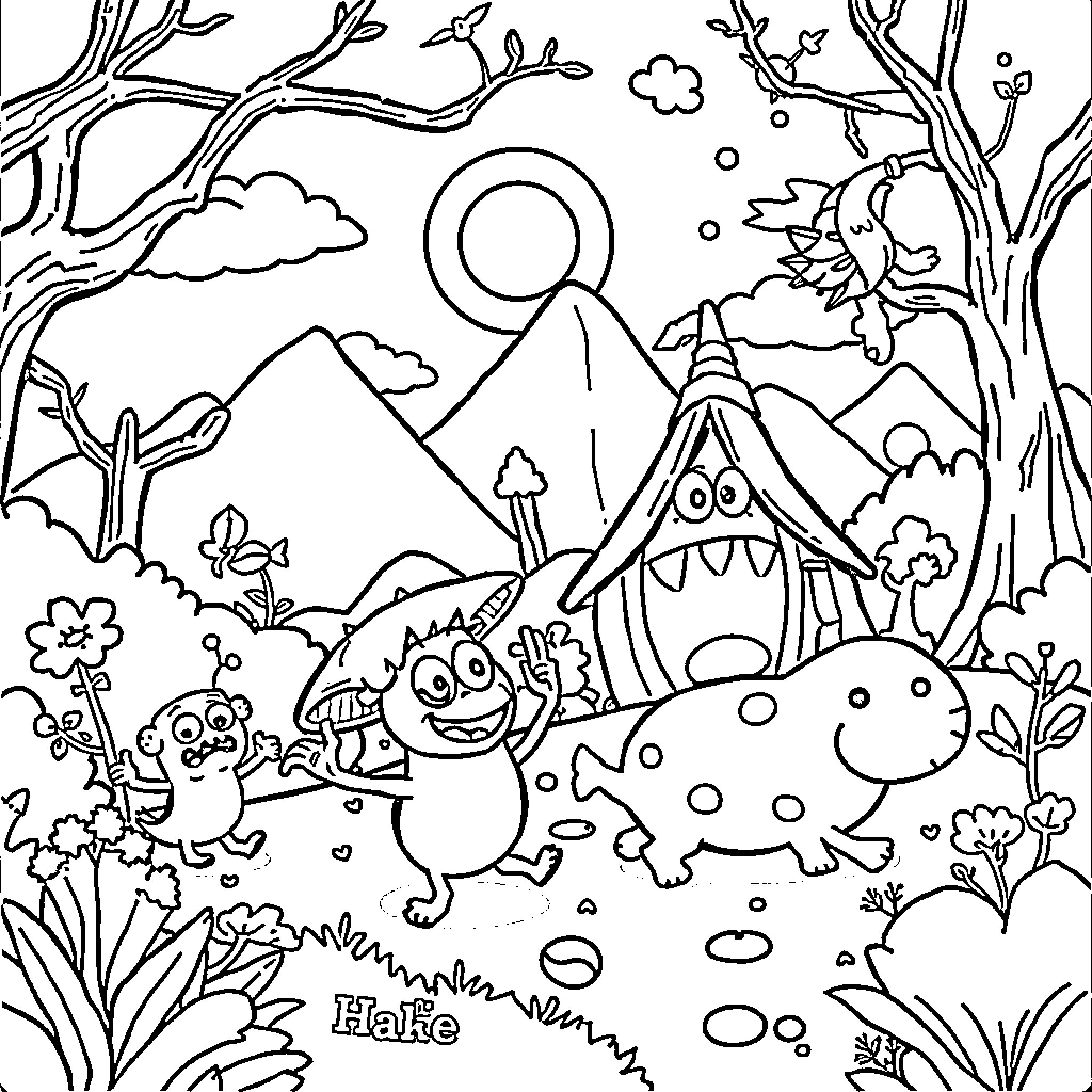 Cartoon scene with playful monsters in the wilderness Coloring Page (free black-and-white line drawing printable PDF for all, from beginners to advanced learners, including children, teens, adults, and seniors)