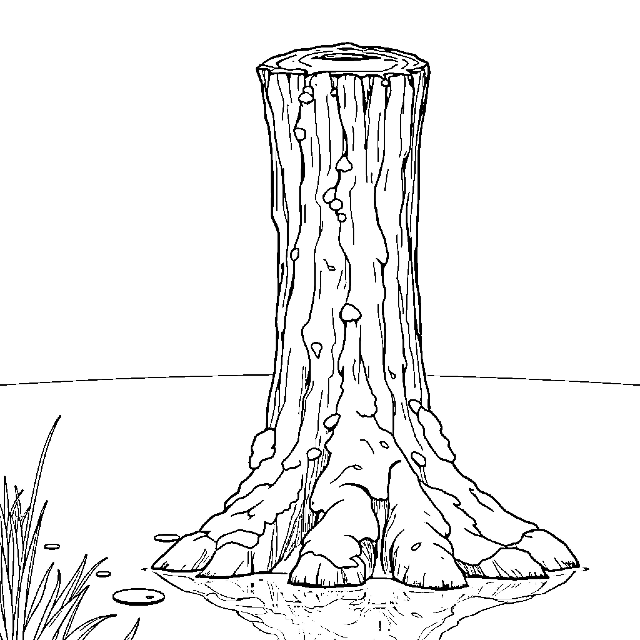 Tree Stump Standing Tall in Nature Coloring Page (free black-and-white line drawing printable PDF for all, from beginners to advanced learners, including children, teens, adults, and seniors)