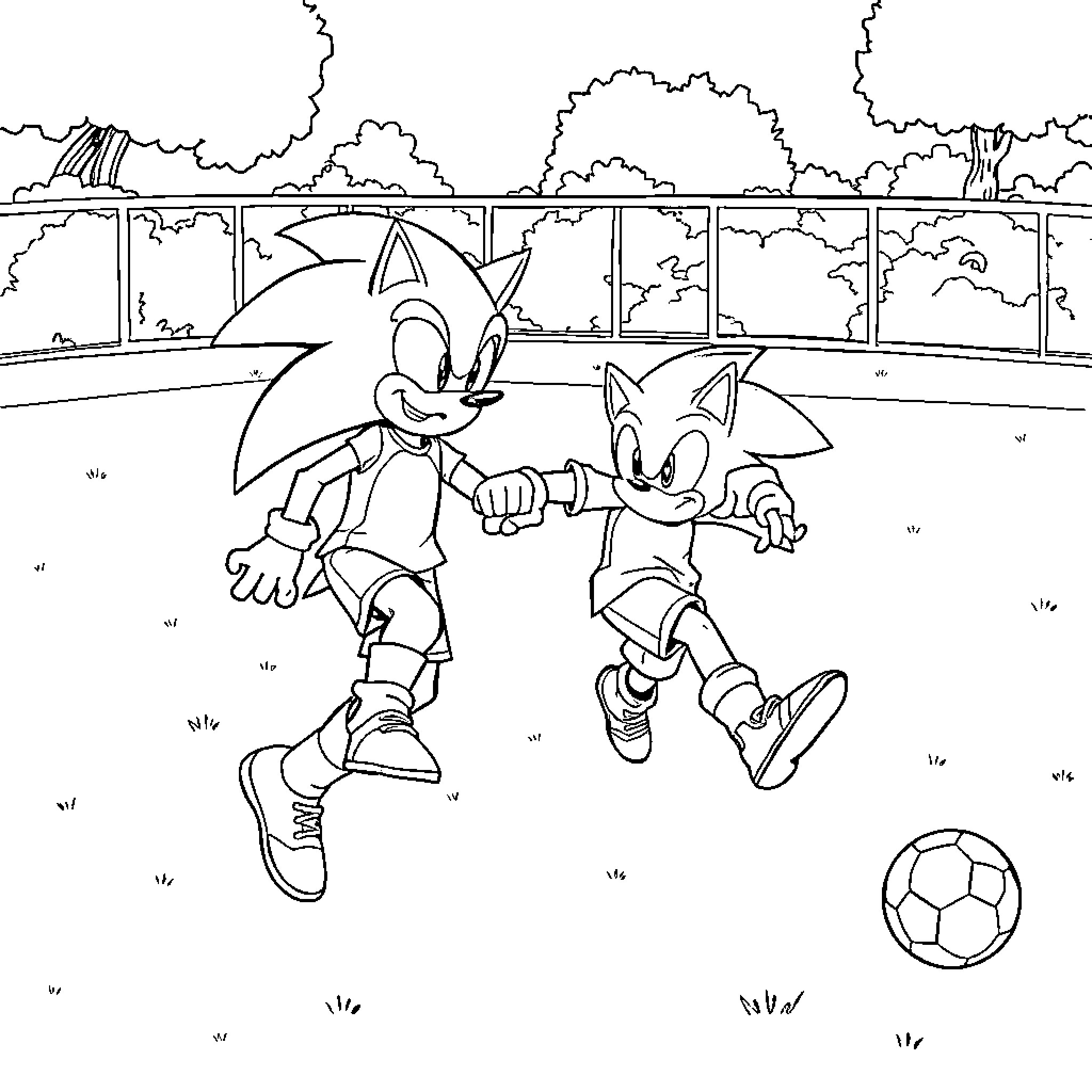 Barman playing soccer with friends in the park Coloring Page (free black-and-white line drawing printable PDF for all, from beginners to advanced learners, including children, teens, adults, and seniors)