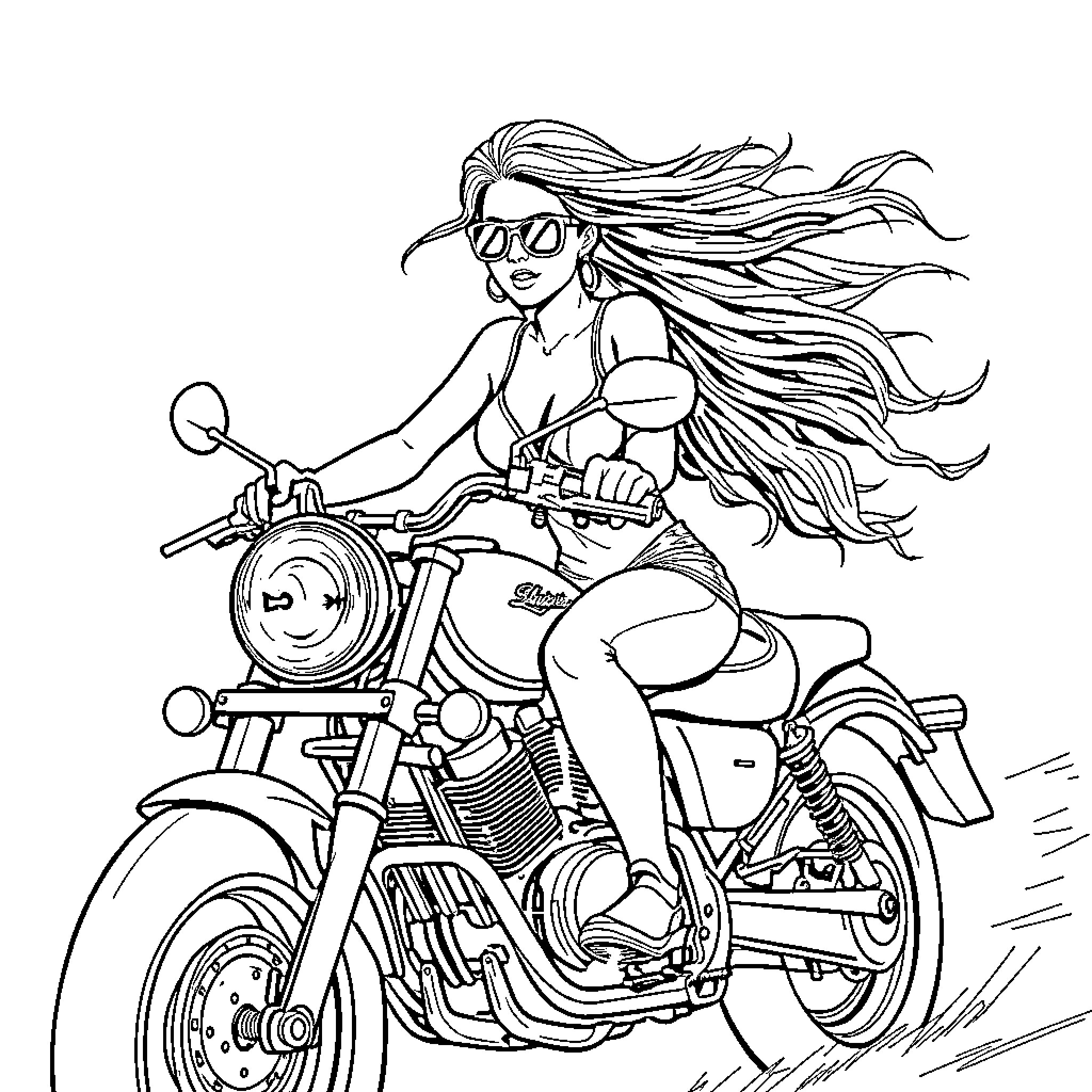 Shakira riding a motorcycle with flowing hair Coloring Page (free black-and-white line drawing printable PDF for all, from beginners to advanced learners, including children, teens, adults, and seniors)