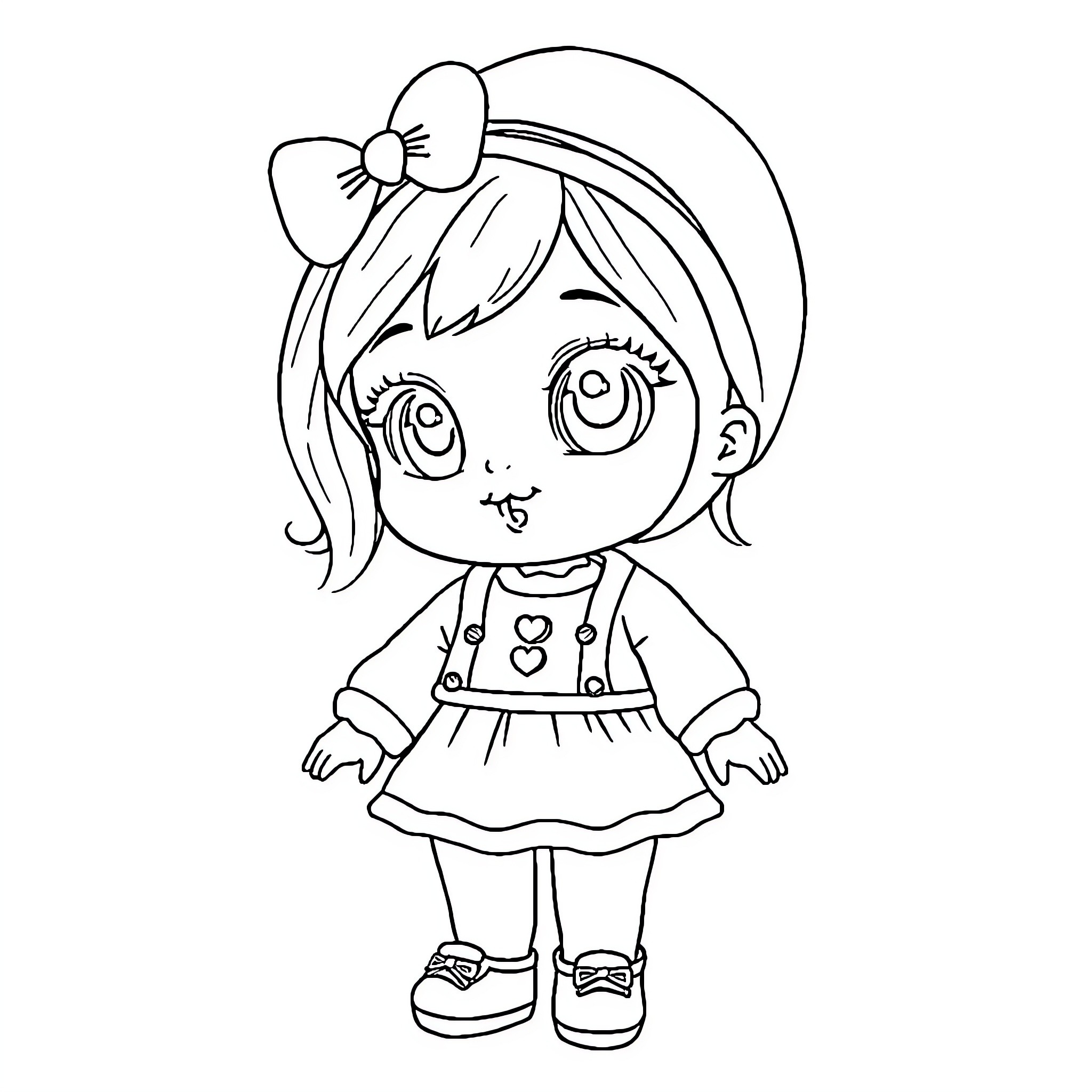 Baby Doll in Cute Dress and Bow Coloring Page (free black-and-white line drawing printable PDF for all, from beginners to advanced learners, including children, teens, adults, and seniors)