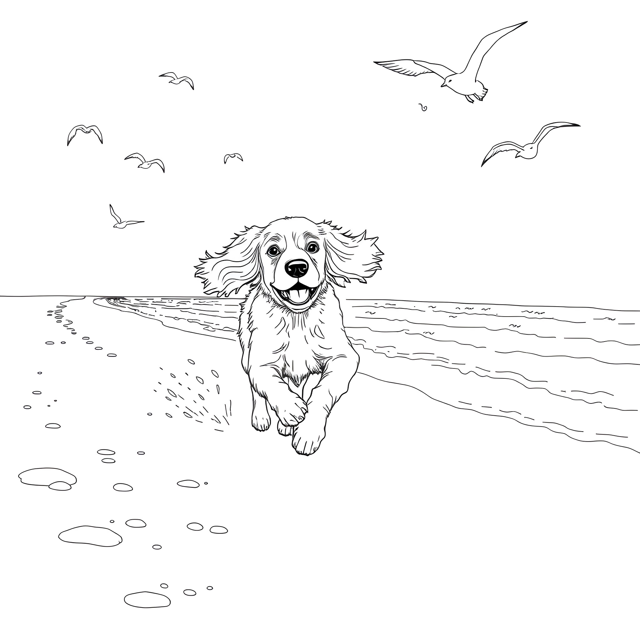 Cocker Spaniel playing happily on the beach Coloring Page (free black-and-white line drawing printable PDF for all, from beginners to advanced learners, including children, teens, adults, and seniors)