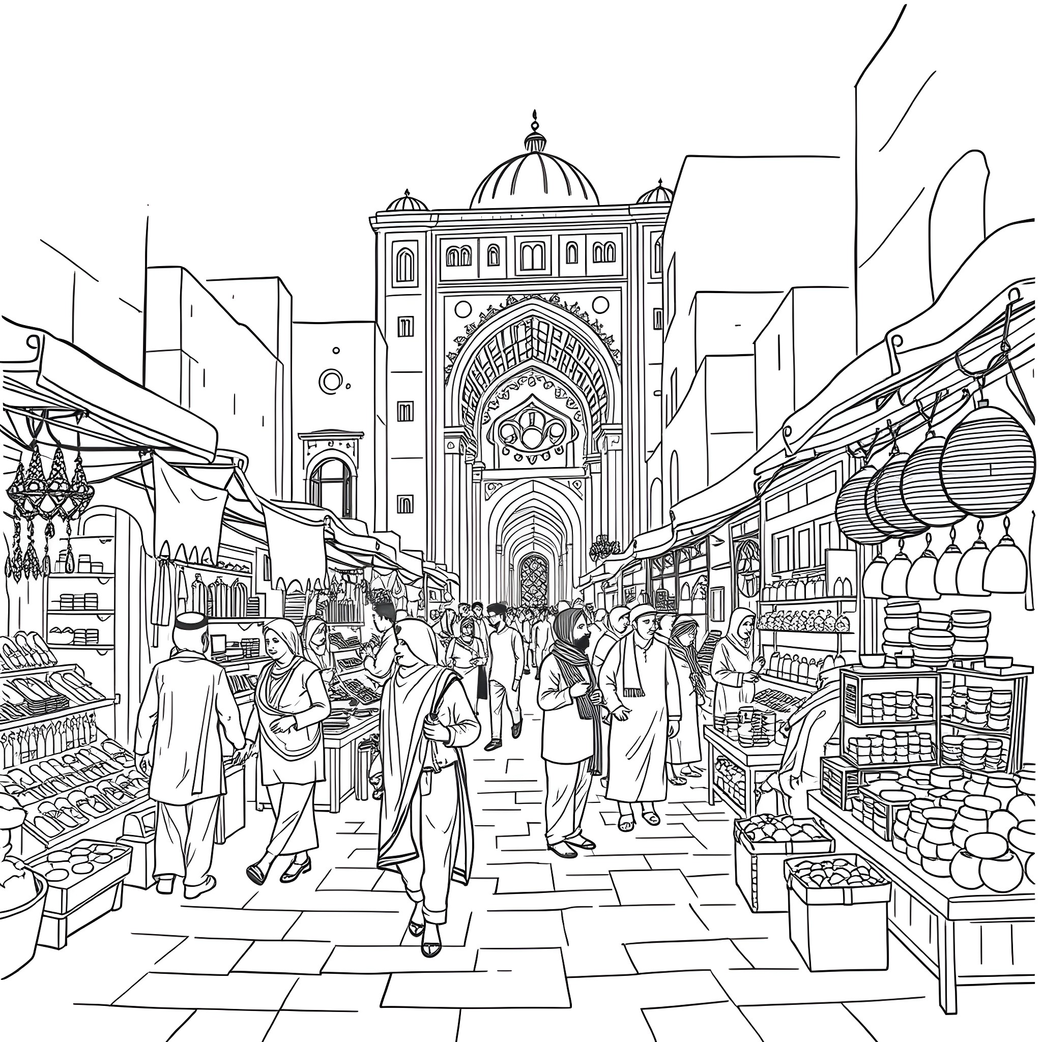 Life in a Bustling Marketplace Coloring Page (free black-and-white line drawing printable PDF for all, from beginners to advanced learners, including children, teens, adults, and seniors)
