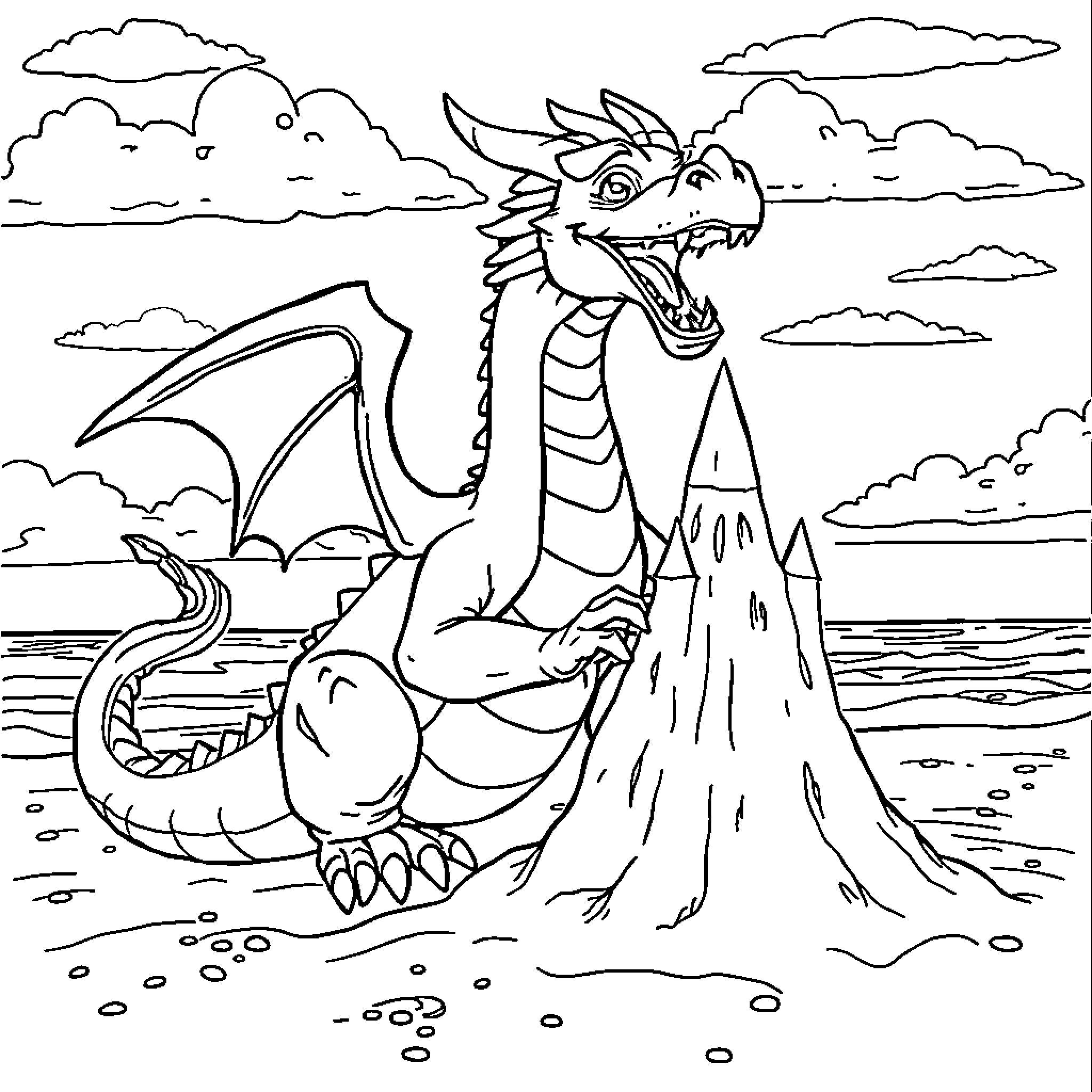 Dragon guarding a volcanic mountain landscape Coloring Page (free black-and-white line drawing printable PDF for all, from beginners to advanced learners, including children, teens, adults, and seniors)