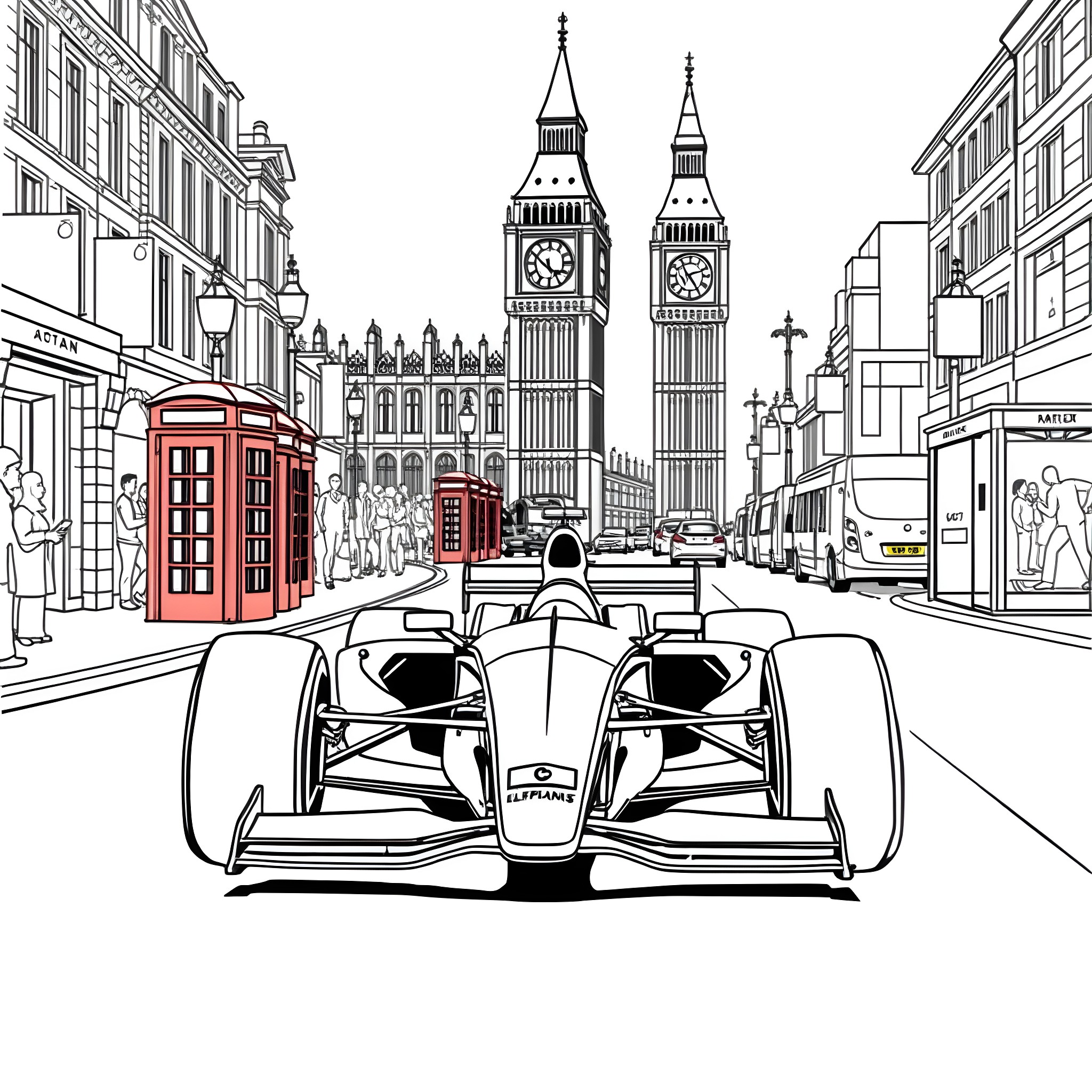 Formula One Car Racing Through London Streets Coloring Page (free black-and-white line drawing printable PDF for all, from beginners to advanced learners, including children, teens, adults, and seniors)