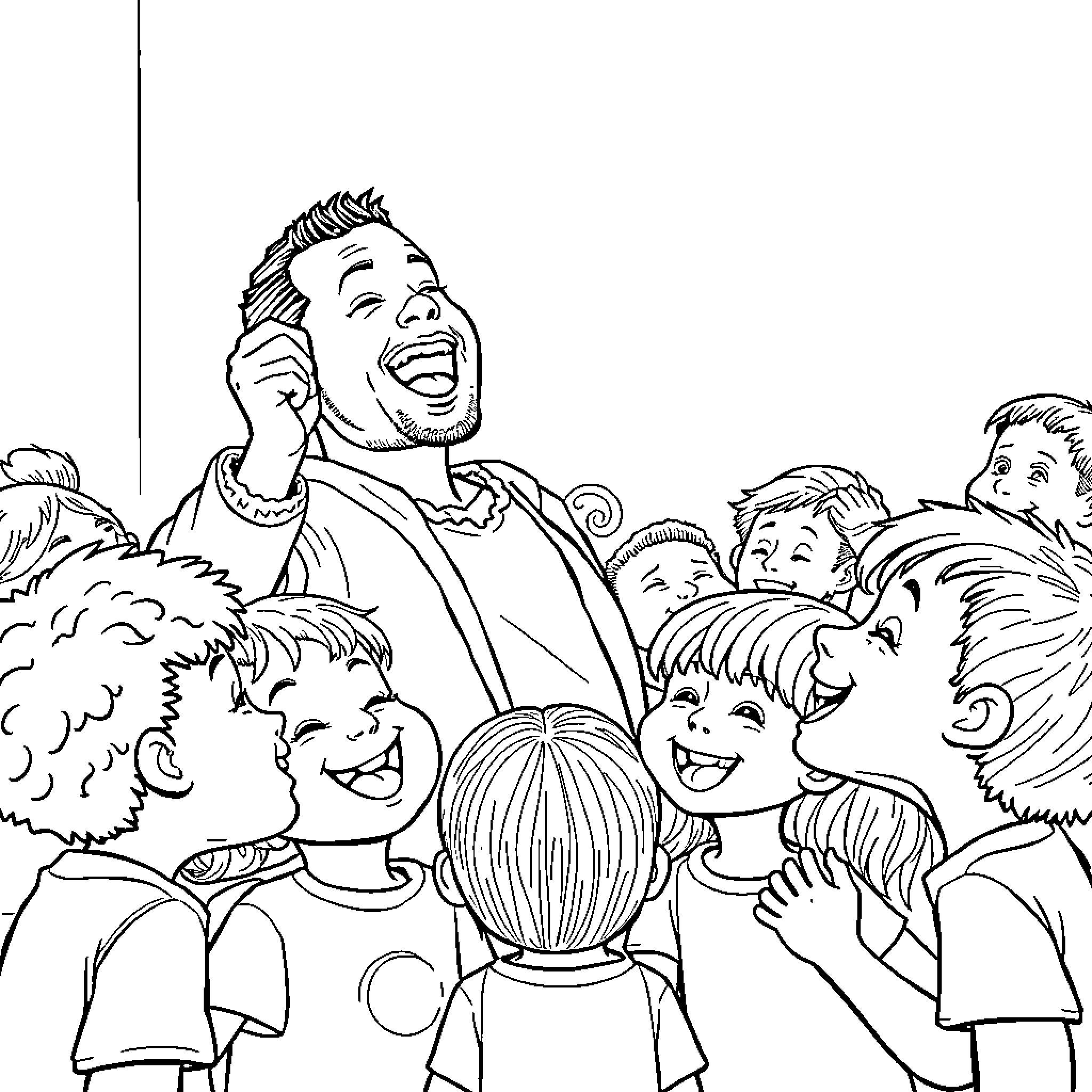 Jonathan Davis entertains a group of enthusiastic children Coloring Page (free black-and-white line drawing printable PDF for all, from beginners to advanced learners, including children, teens, adults, and seniors)