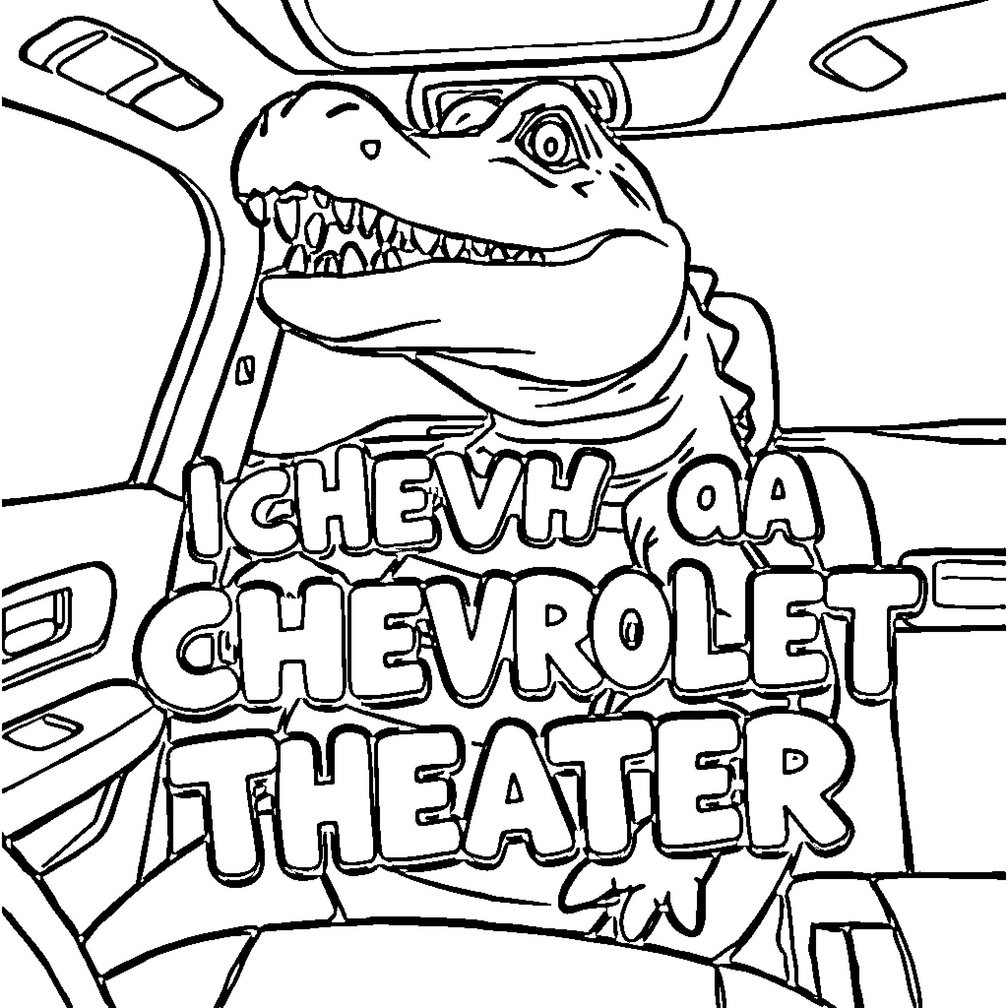 Interior Crocodile operating a Chevrolet theater Coloring Page (free black-and-white line drawing printable PDF for all, from beginners to advanced learners, including children, teens, adults, and seniors)