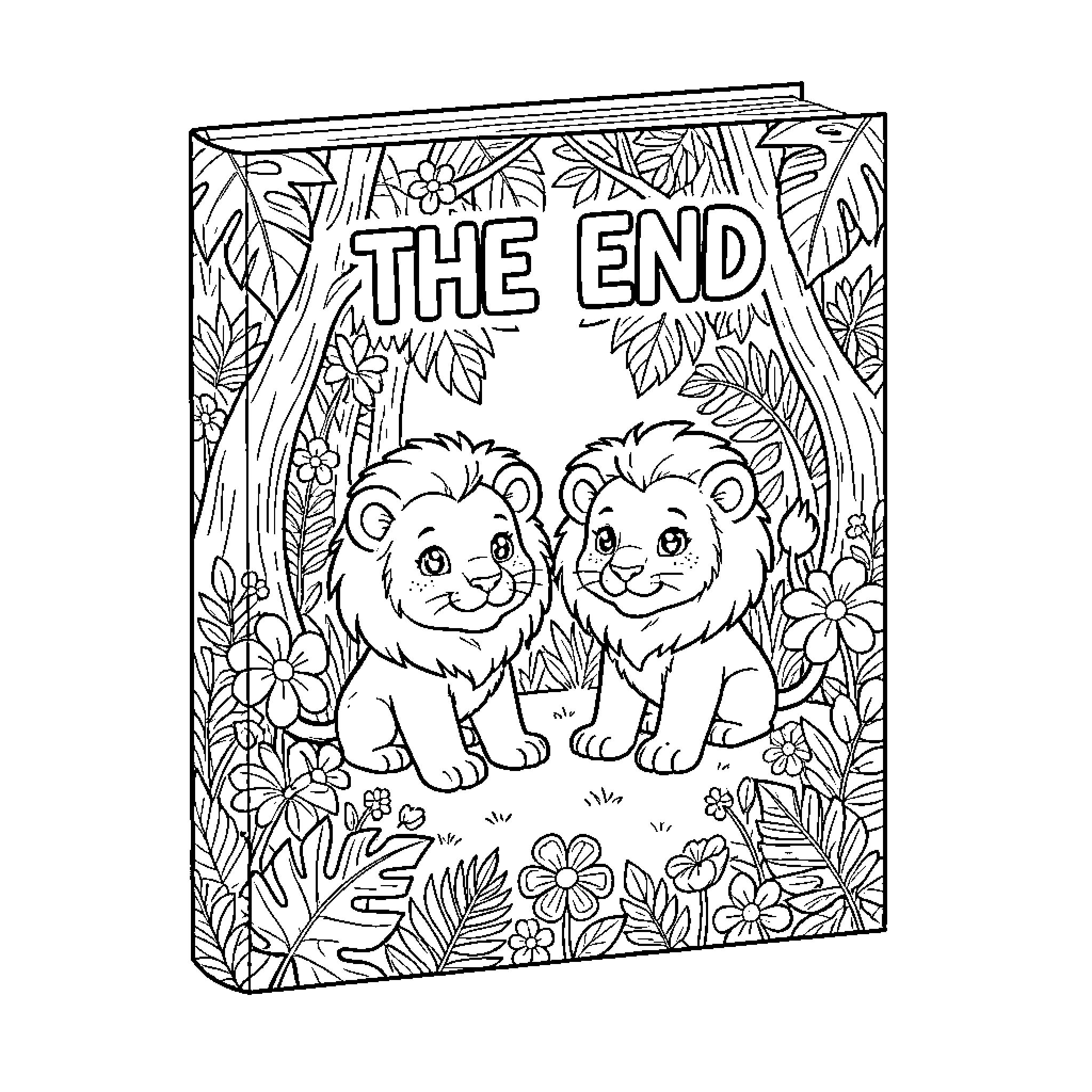 Lion book with The End title and floral border Coloring Page (free black-and-white line drawing printable PDF for all, from beginners to advanced learners, including children, teens, adults, and seniors)