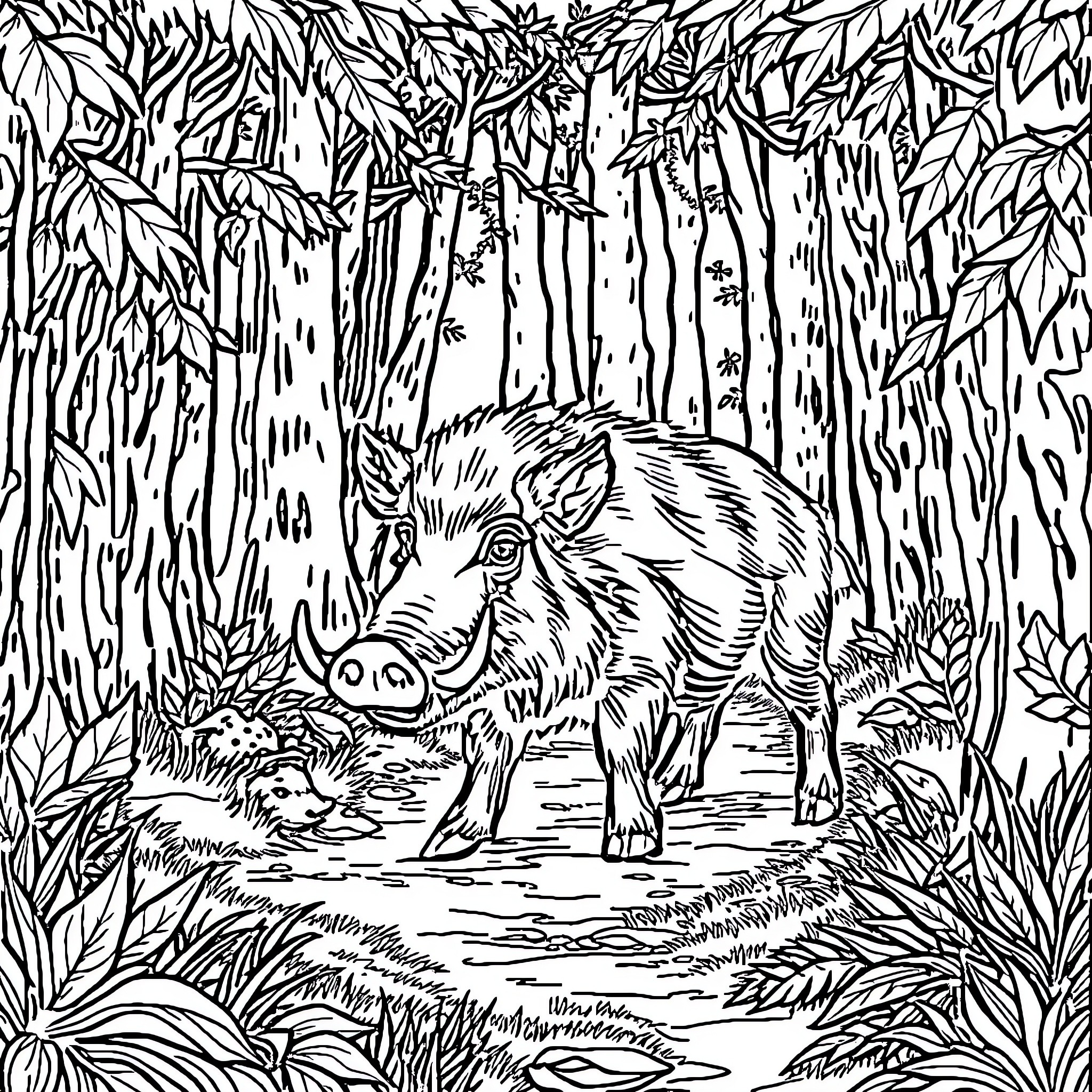 Boar foraging in the dense forest Coloring Page (free black-and-white line drawing printable PDF for all, from beginners to advanced learners, including children, teens, adults, and seniors)