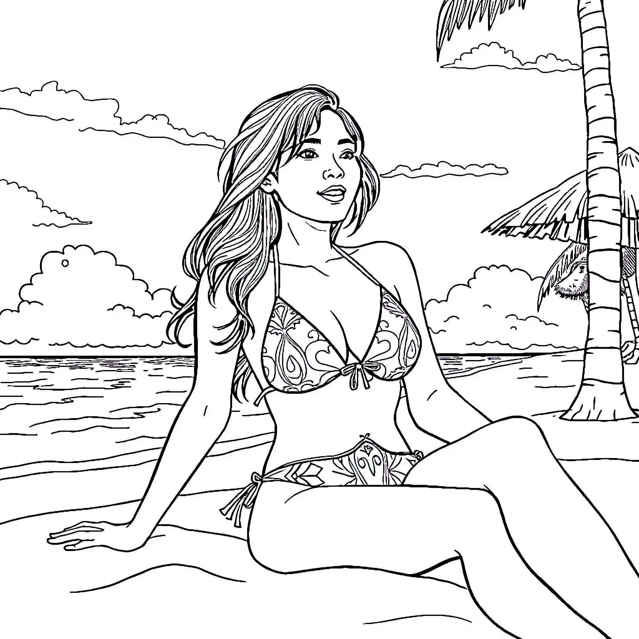 Woman relaxing on the beach in swimsuit Coloring Page (free black-and-white line drawing printable PDF for all, from beginners to advanced learners, including children, teens, adults, and seniors)