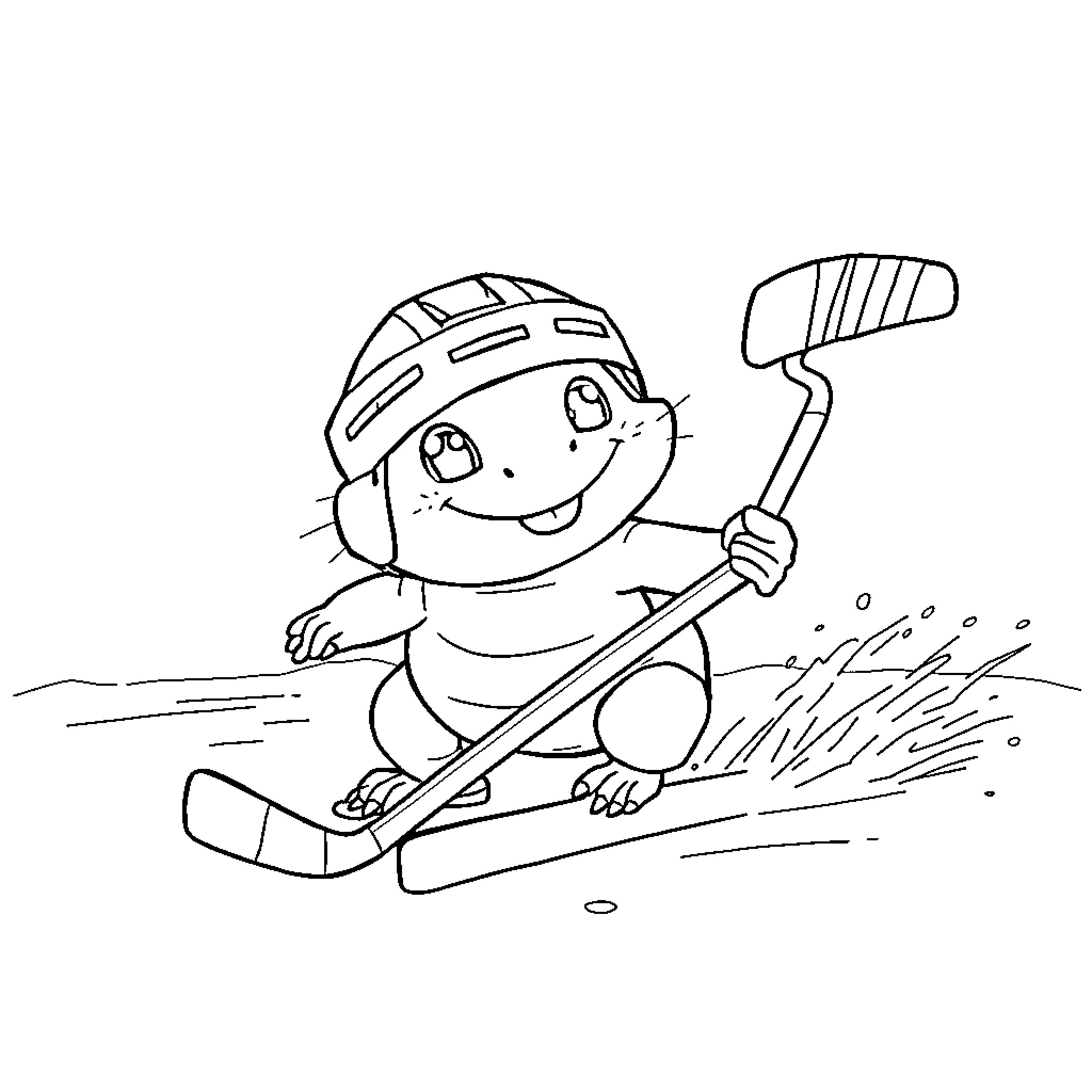 Axolotl playing hockey on ice Coloring Page (free black-and-white line drawing printable PDF for all, from beginners to advanced learners, including children, teens, adults, and seniors)
