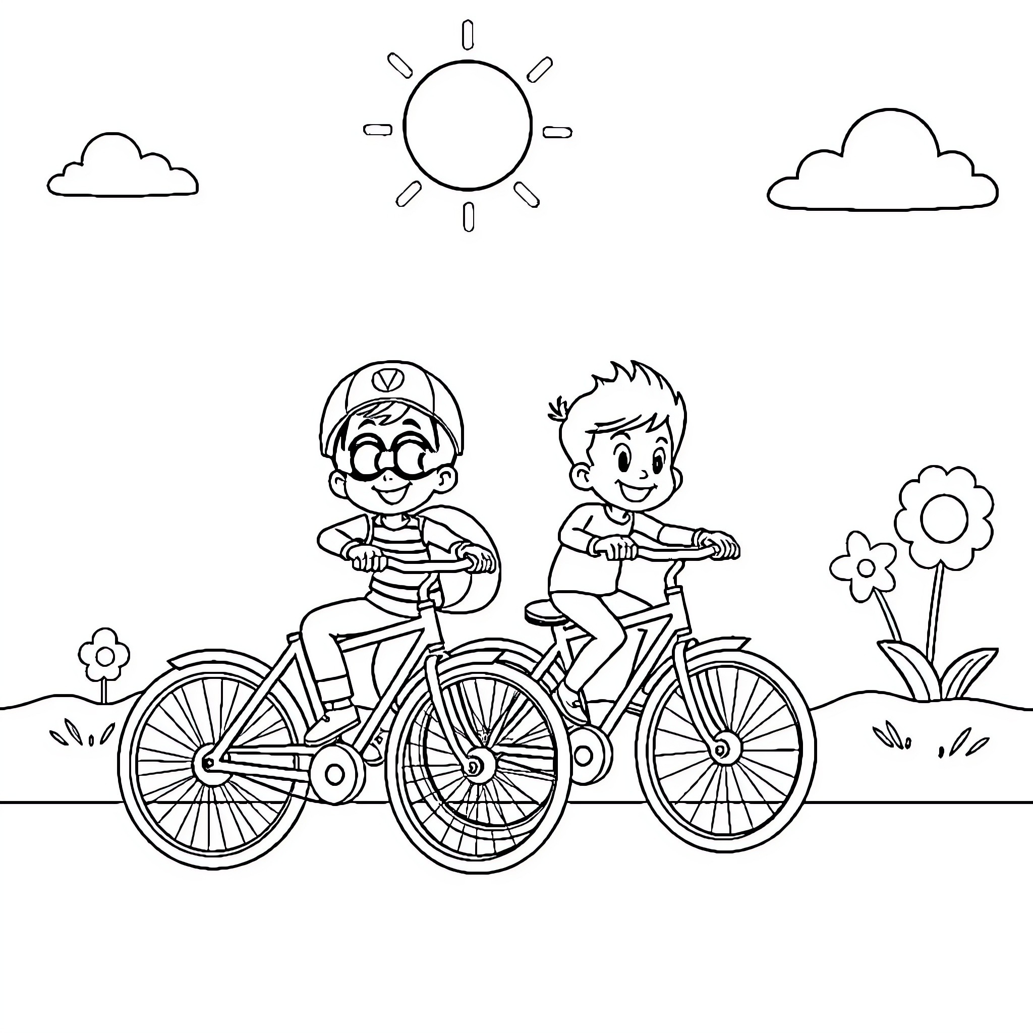 Upin Ipin Biking Outdoors with Nature Coloring Page (free black-and-white line drawing printable PDF for all, from beginners to advanced learners, including children, teens, adults, and seniors)