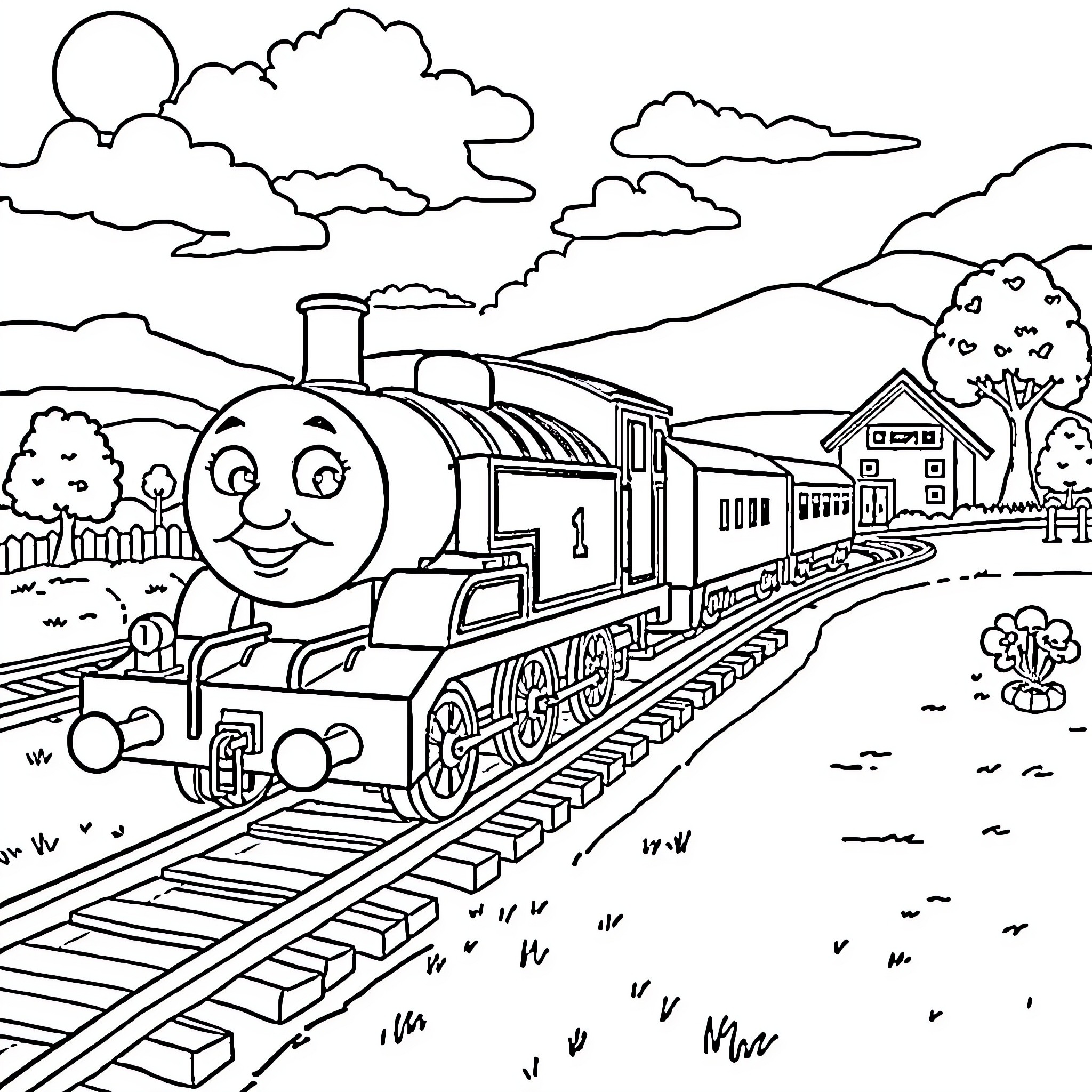Thomas the Tank Engine in the Countryside Coloring Page (free black-and-white line drawing printable PDF for all, from beginners to advanced learners, including children, teens, adults, and seniors)