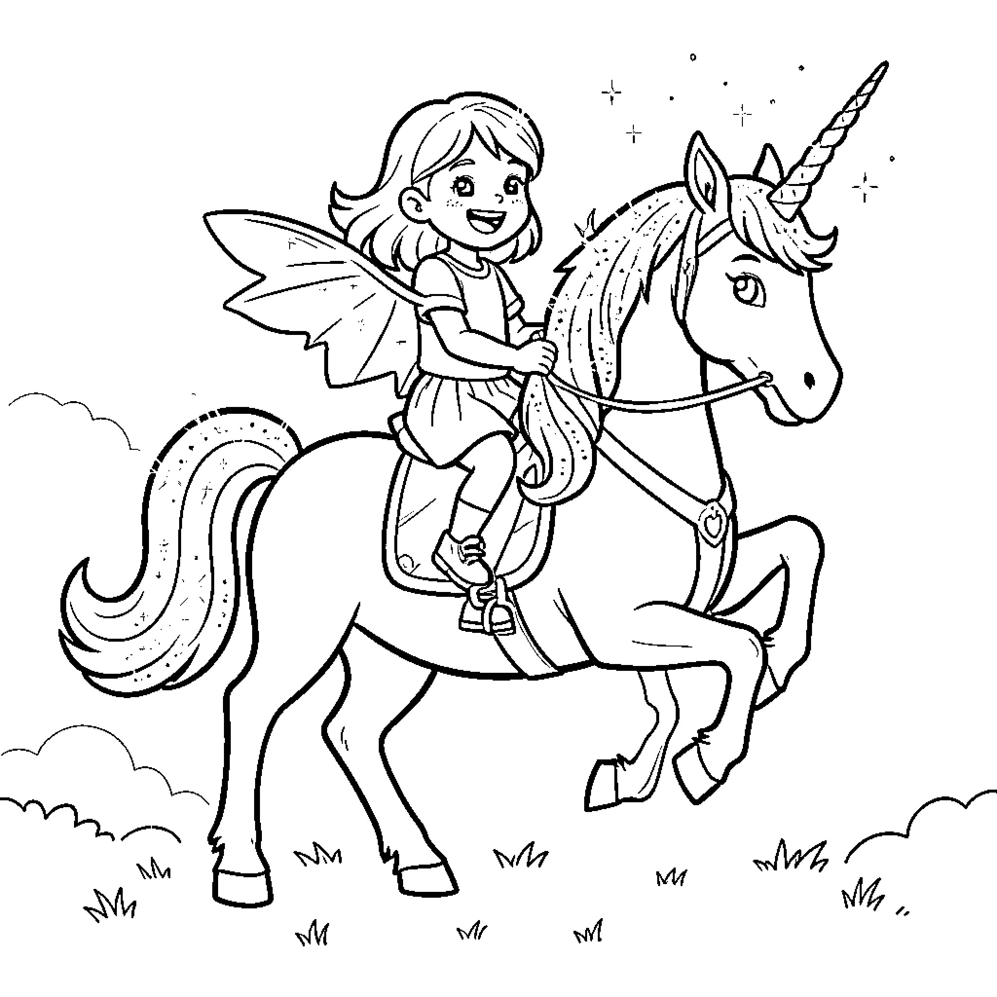 Girl riding a magical unicorn Coloring Page (free black-and-white line drawing printable PDF for all, from beginners to advanced learners, including children, teens, adults, and seniors)