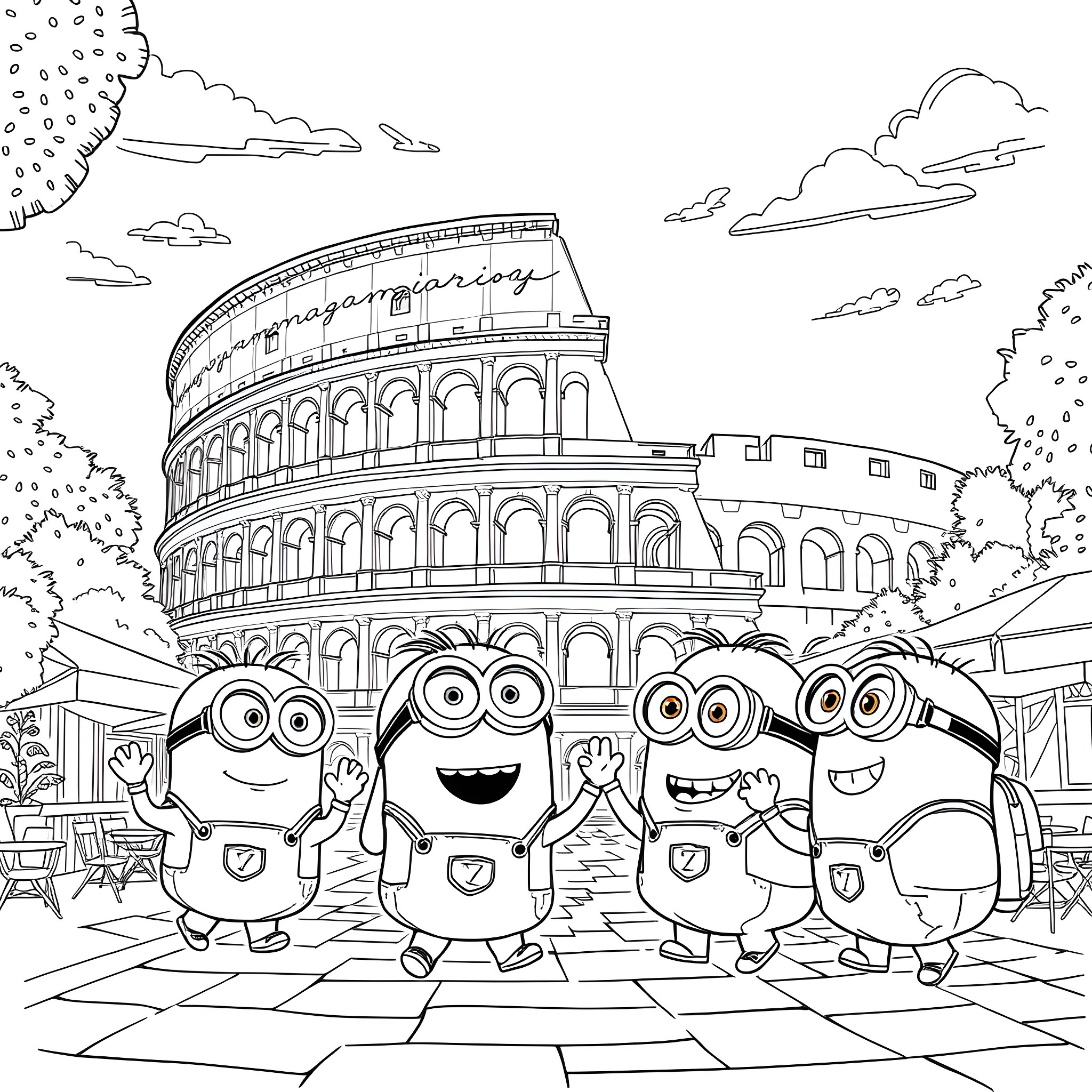 Minions on an adventure in front of the Colosseum Coloring Page (free black-and-white line drawing printable PDF for all, from beginners to advanced learners, including children, teens, adults, and seniors)