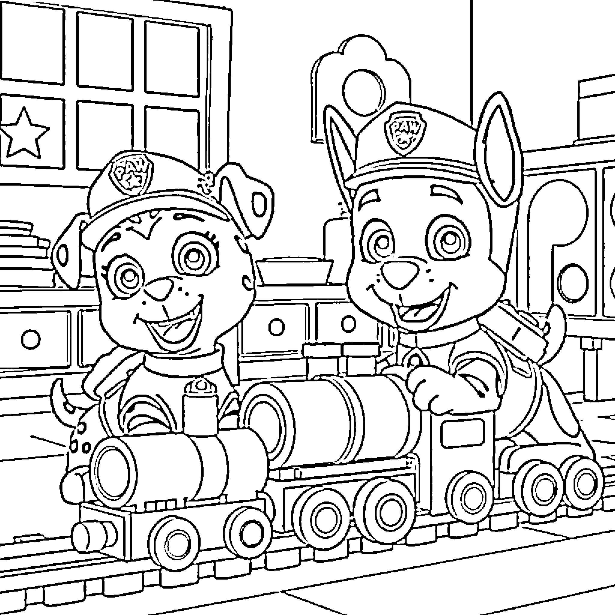 Paw Patrol puppies playing with train in bedroom Coloring Page (free black-and-white line drawing printable PDF for all, from beginners to advanced learners, including children, teens, adults, and seniors)