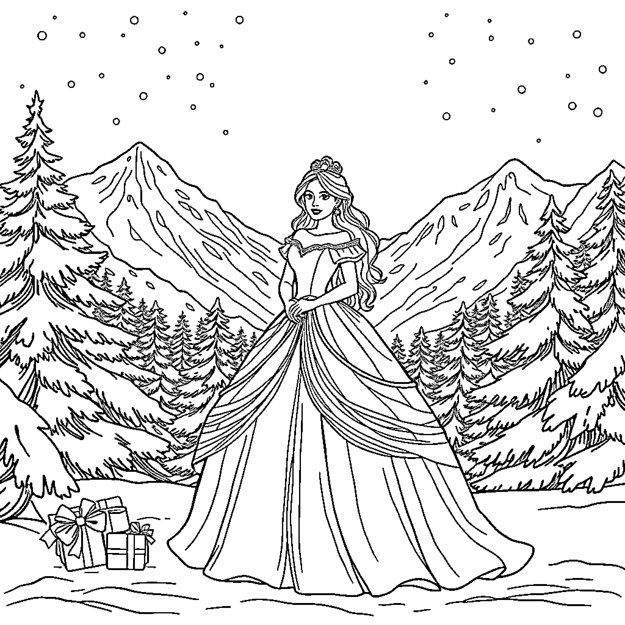 Princess in Elegant Gown Amid Snowy Mountains Coloring Page (free black-and-white line drawing printable PDF for all, from beginners to advanced learners, including children, teens, adults, and seniors)