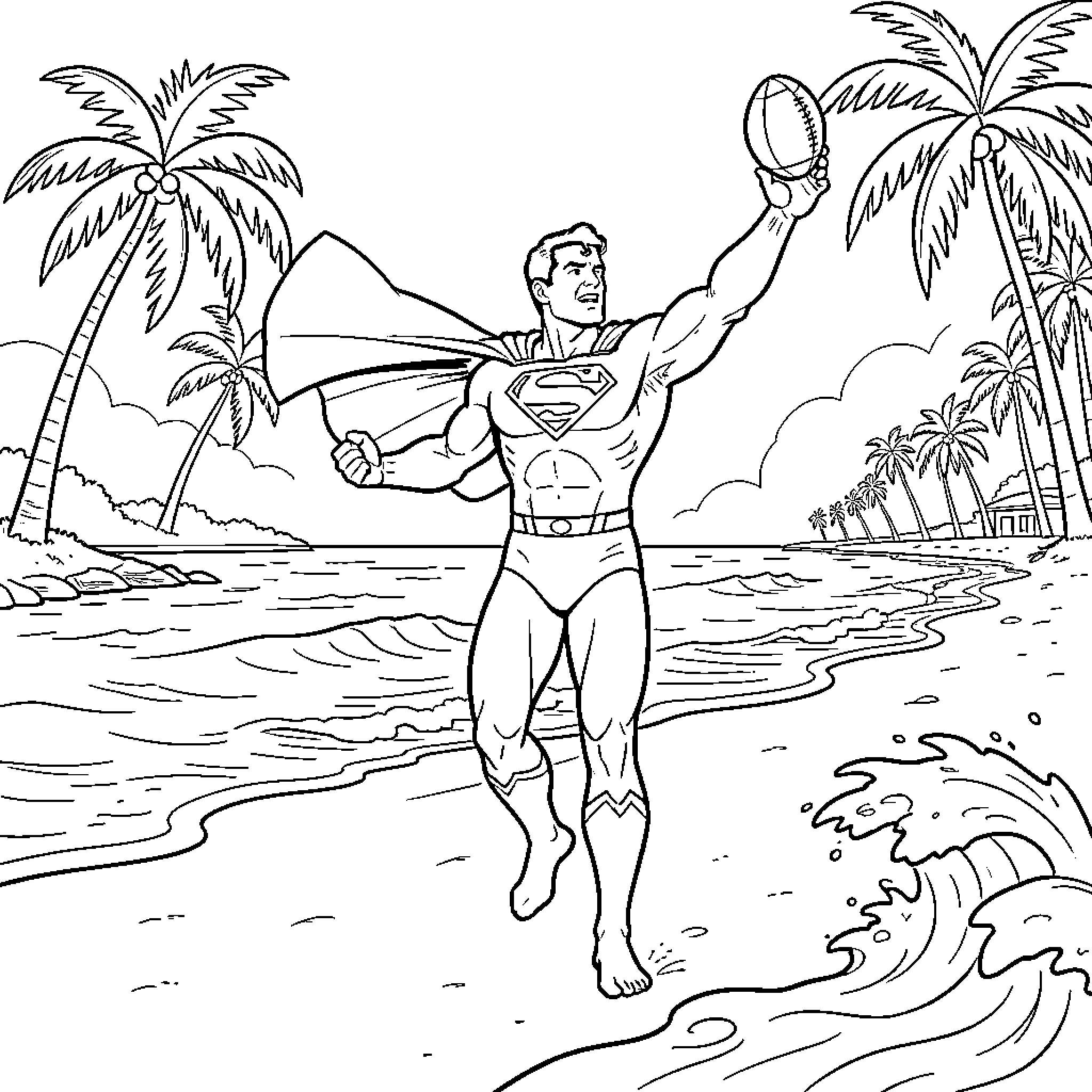 Superman holding a football on a tropical beach Coloring Page (free black-and-white line drawing printable PDF for all, from beginners to advanced learners, including children, teens, adults, and seniors)