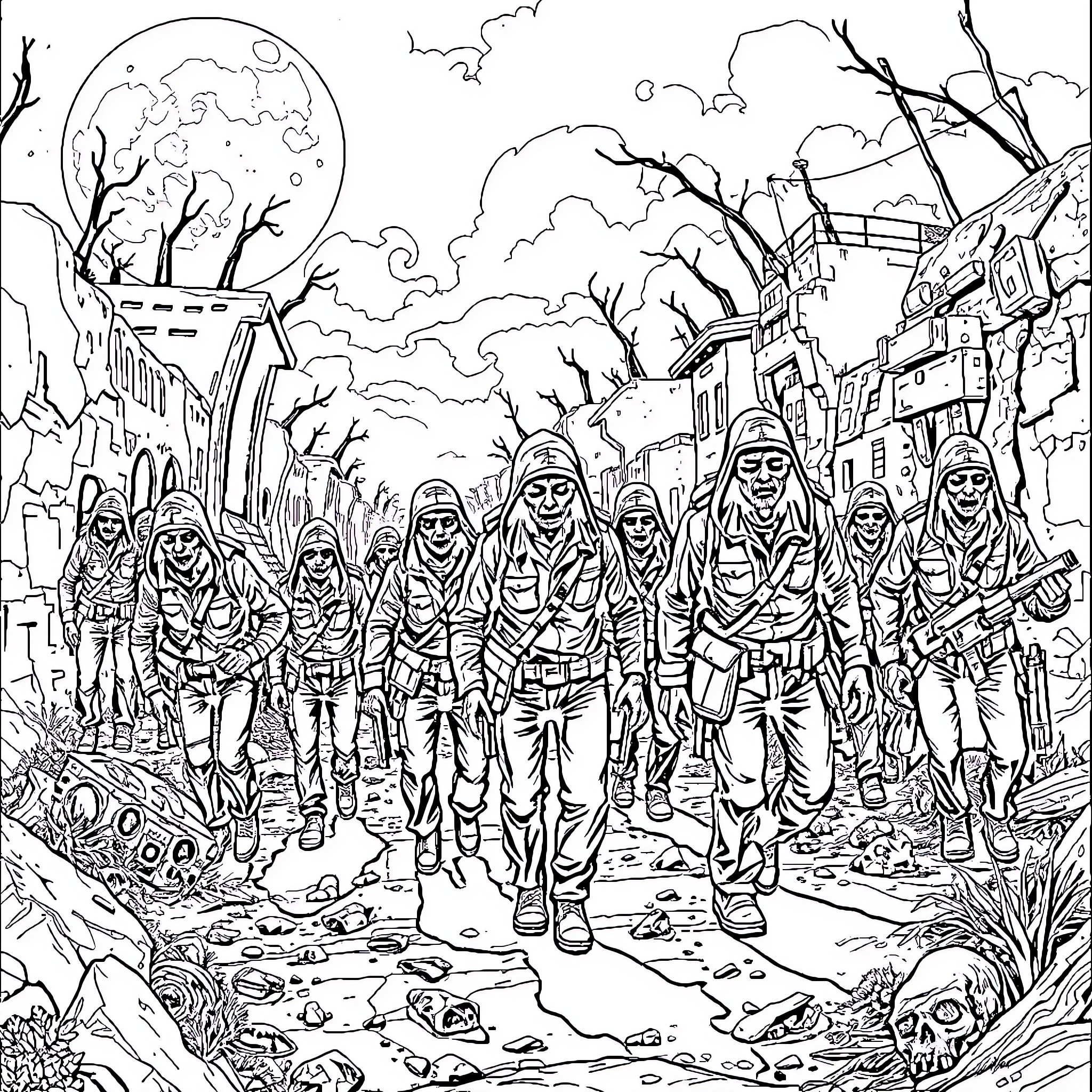 Zombie soldiers marching through a post-apocalyptic landscape Coloring Page (free black-and-white line drawing printable PDF for all, from beginners to advanced learners, including children, teens, adults, and seniors)