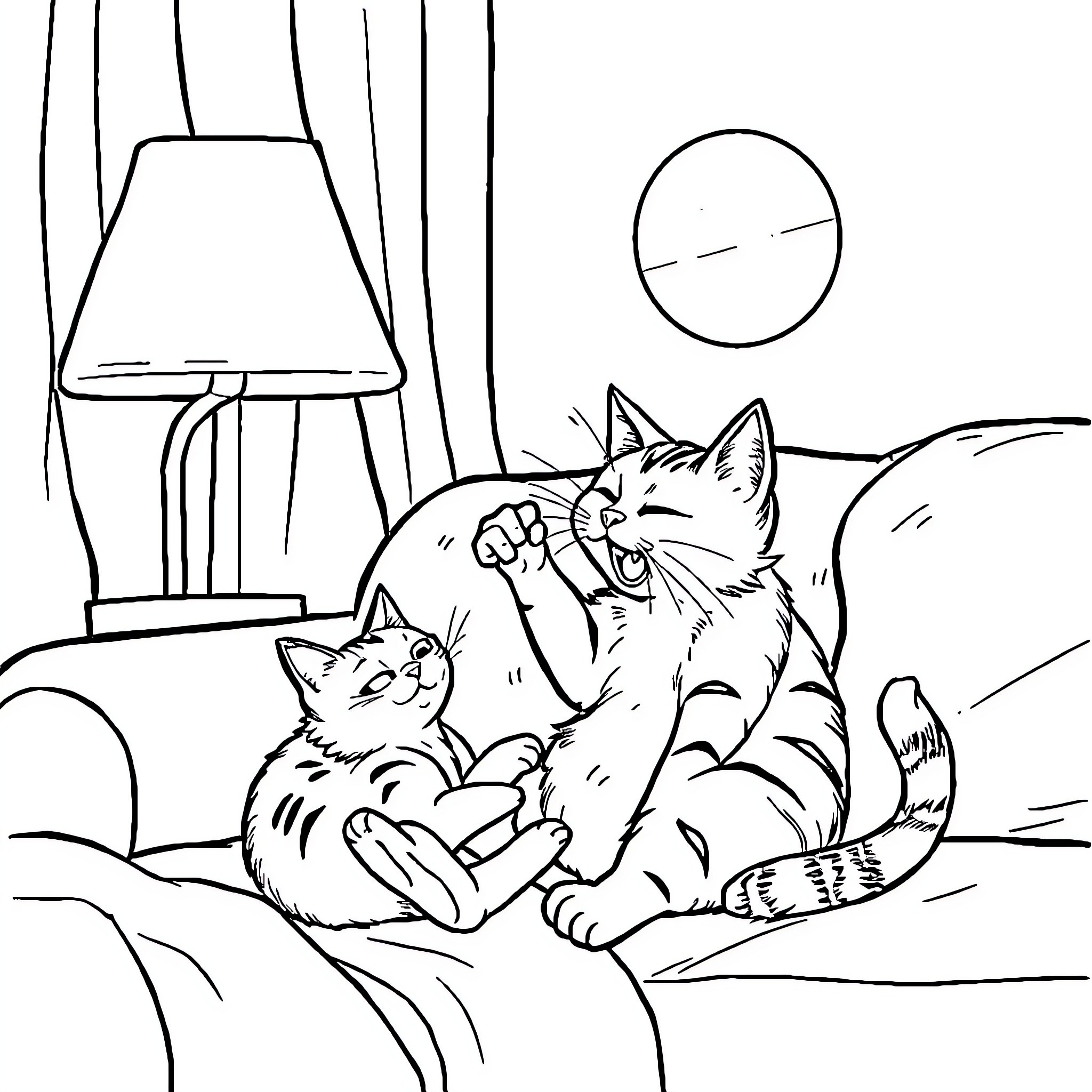 Cat playing and relaxing in cozy indoor setting Coloring Page (free black-and-white line drawing printable PDF for all, from beginners to advanced learners, including children, teens, adults, and seniors)