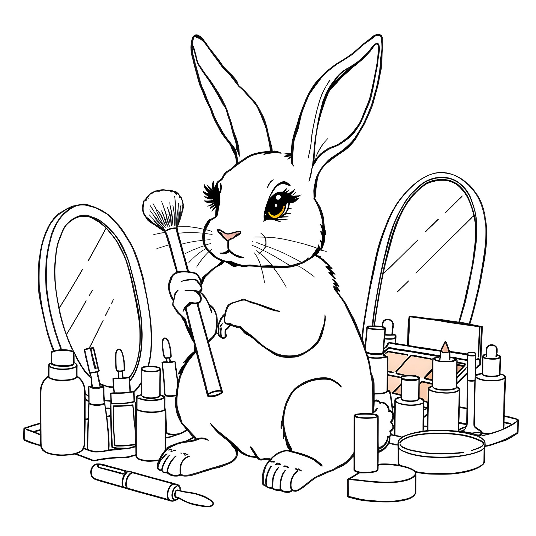 Rabbit applying makeup with cosmetics Coloring Page (free black-and-white line drawing printable PDF for all, from beginners to advanced learners, including children, teens, adults, and seniors)