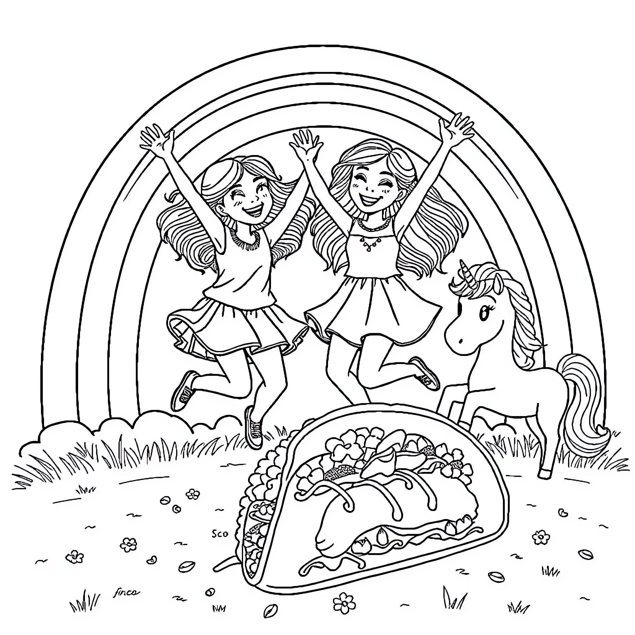 Girls Joyfully Celebrating with Unicorn and Taco Coloring Page (free black-and-white line drawing printable PDF for all, from beginners to advanced learners, including children, teens, adults, and seniors)