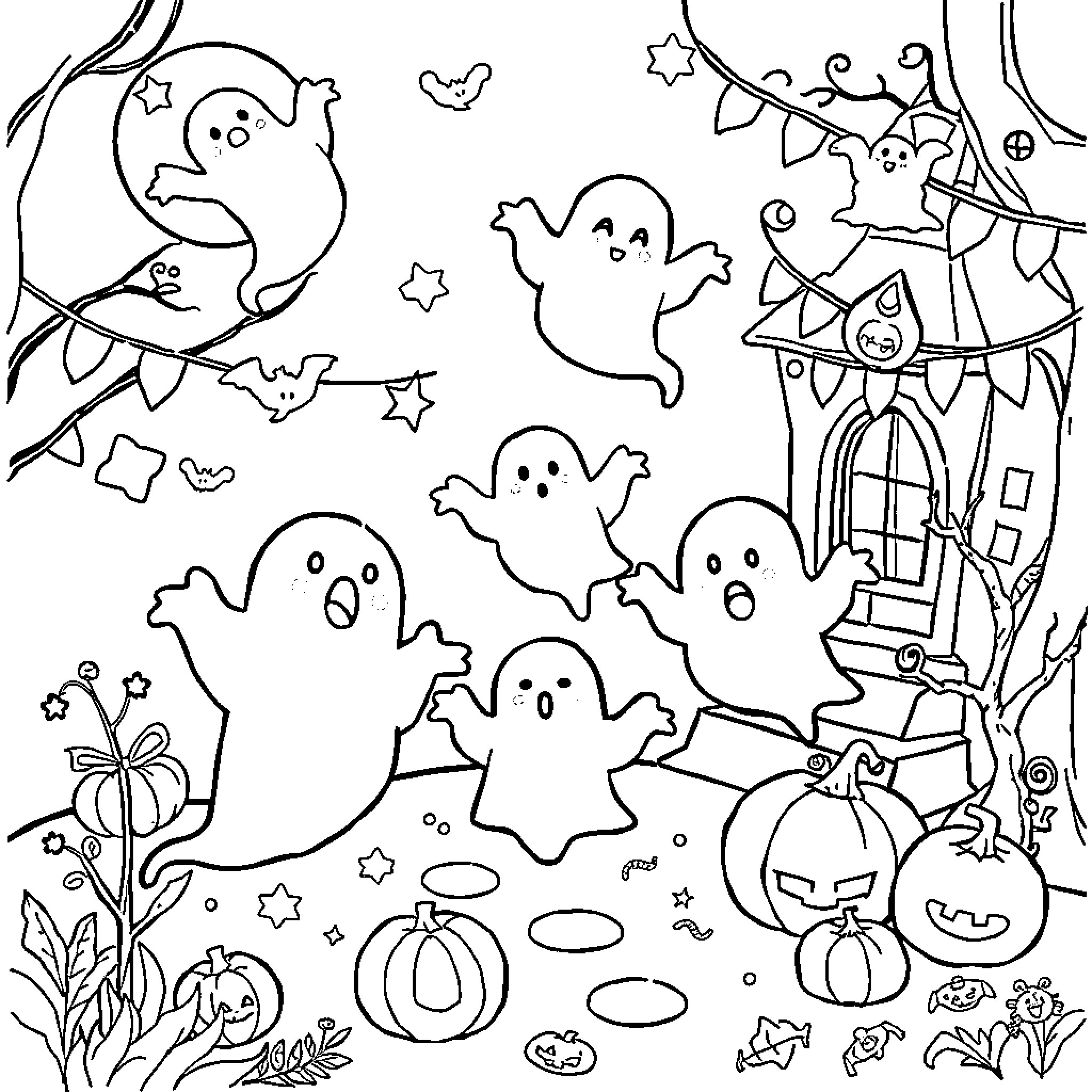 Ghost Parade of Spooky Celebrations Coloring Page (free black-and-white line drawing printable PDF for all, from beginners to advanced learners, including children, teens, adults, and seniors)