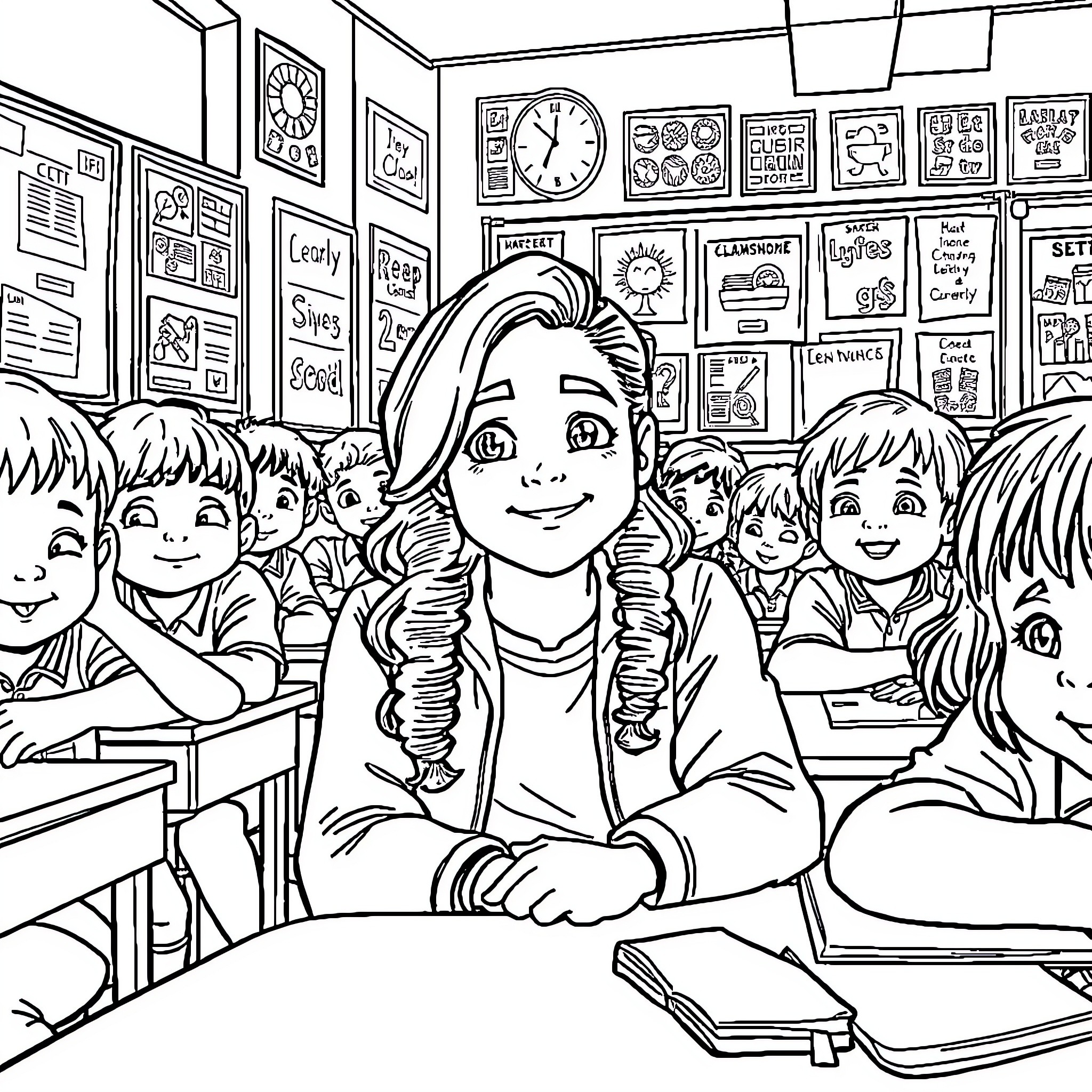 Sammi Reyes teaches students in a lively classroom Coloring Page (free black-and-white line drawing printable PDF for all, from beginners to advanced learners, including children, teens, adults, and seniors)
