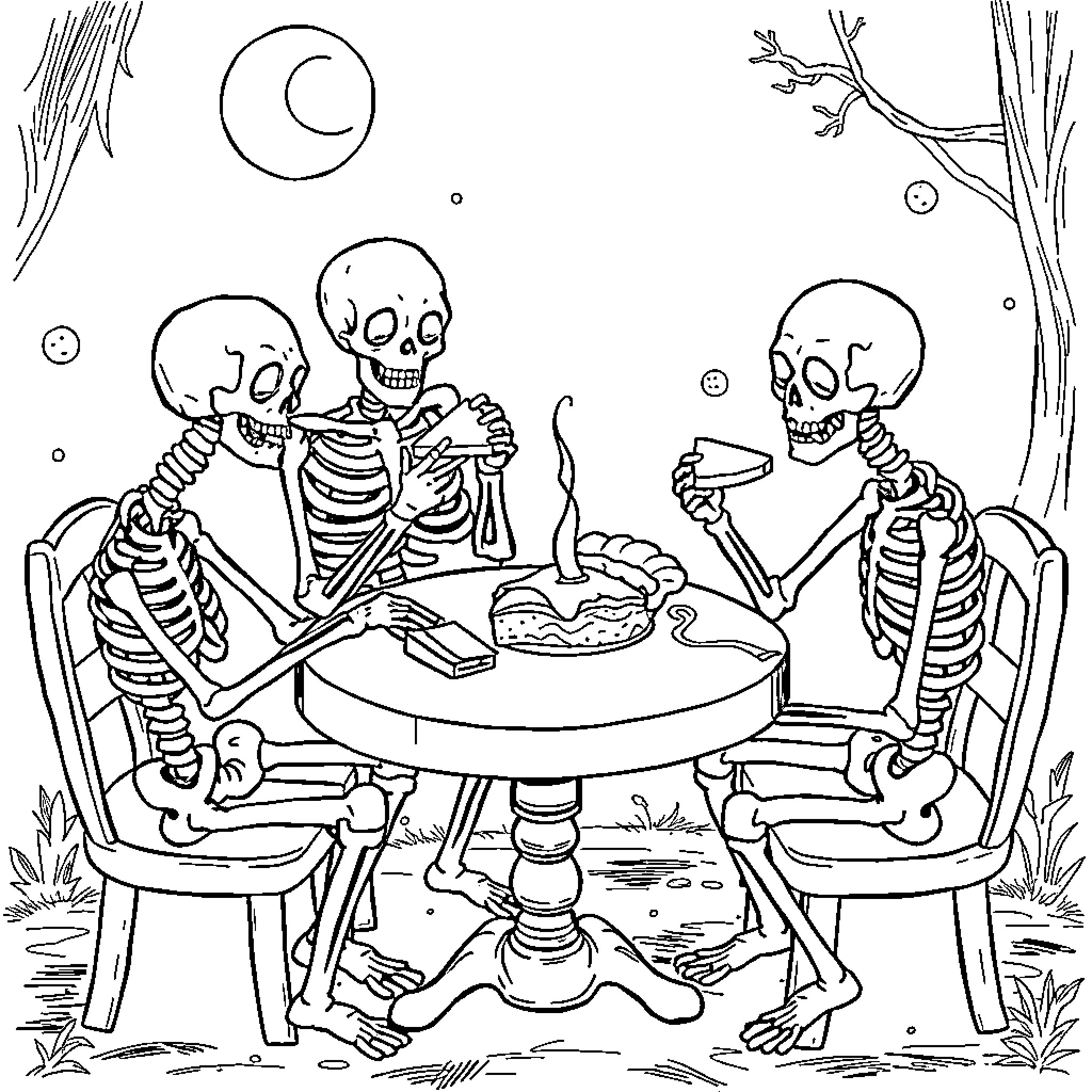 Skeleton friends sharing a meal under the moonlight Coloring Page (free black-and-white line drawing printable PDF for all, from beginners to advanced learners, including children, teens, adults, and seniors)