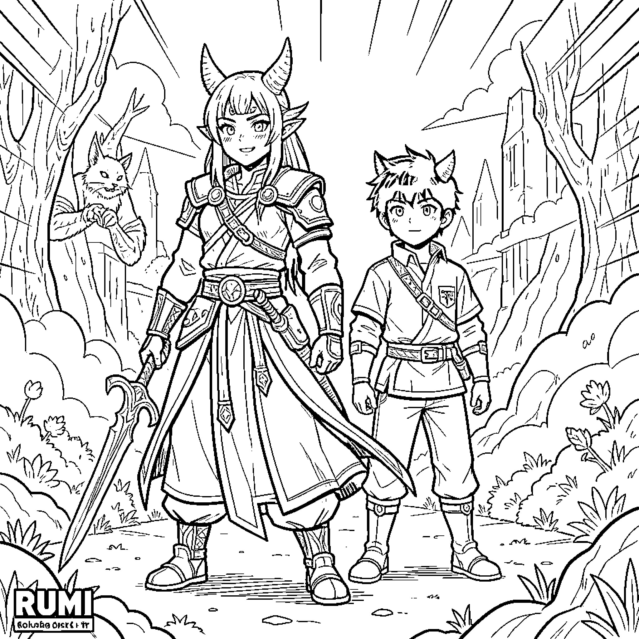 Rumi and her adventurous companion explore the wilderness Coloring Page (free black-and-white line drawing printable PDF for all, from beginners to advanced learners, including children, teens, adults, and seniors)