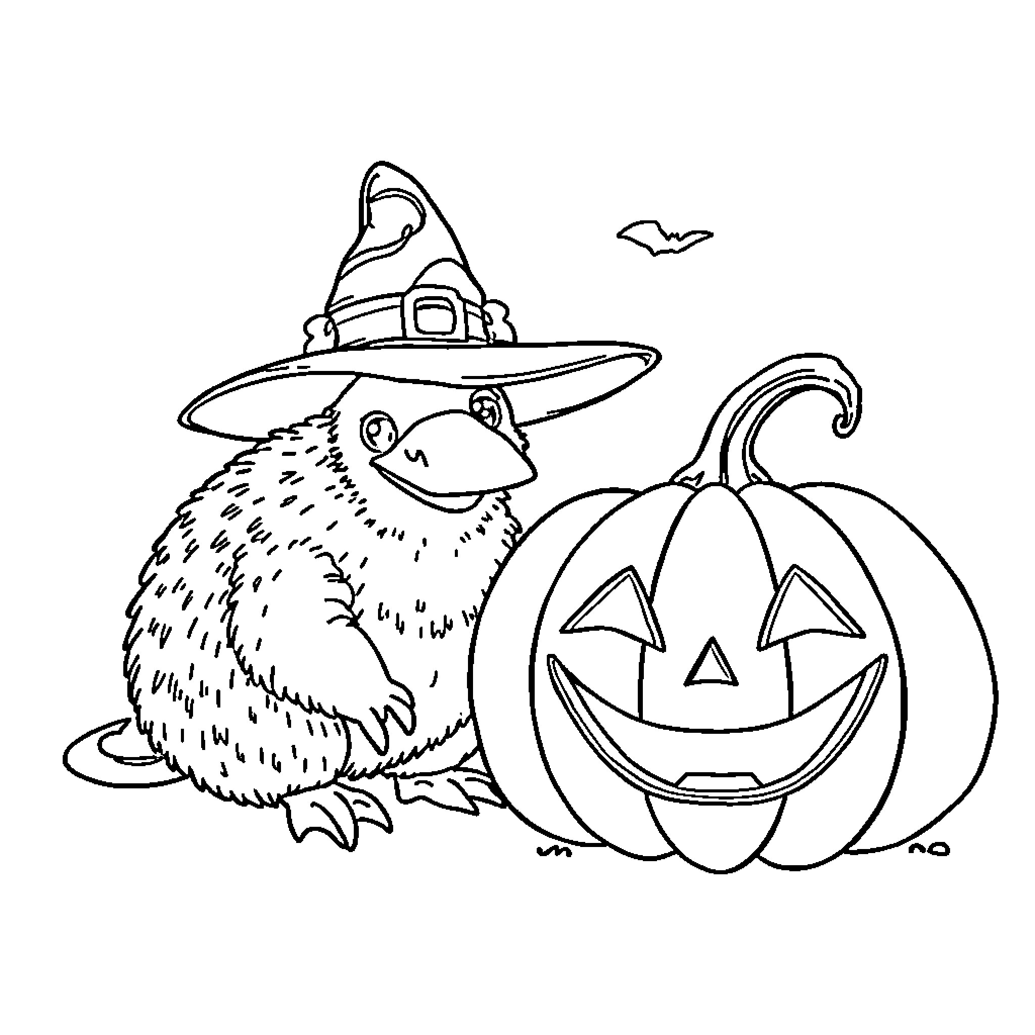 Platypus wearing witch hat and sitting with Halloween pumpkin Coloring Page (free black-and-white line drawing printable PDF for all, from beginners to advanced learners, including children, teens, adults, and seniors)