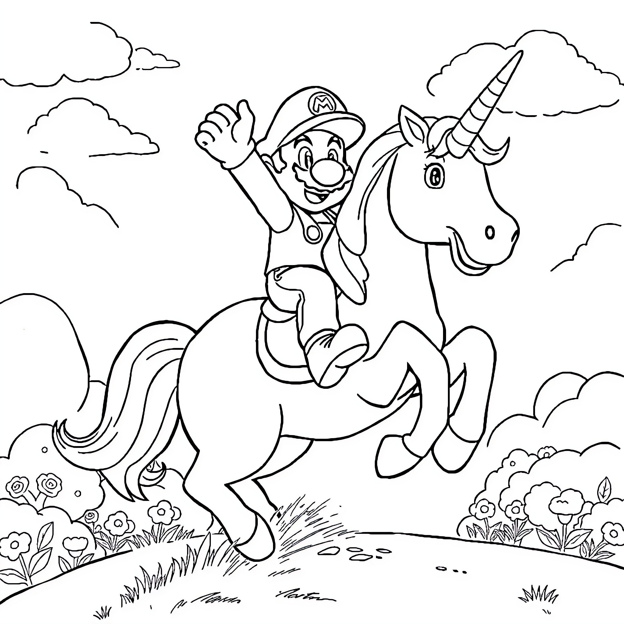 Super Mario riding a magical unicorn in a fantasy world Coloring Page (free black-and-white line drawing printable PDF for all, from beginners to advanced learners, including children, teens, adults, and seniors)