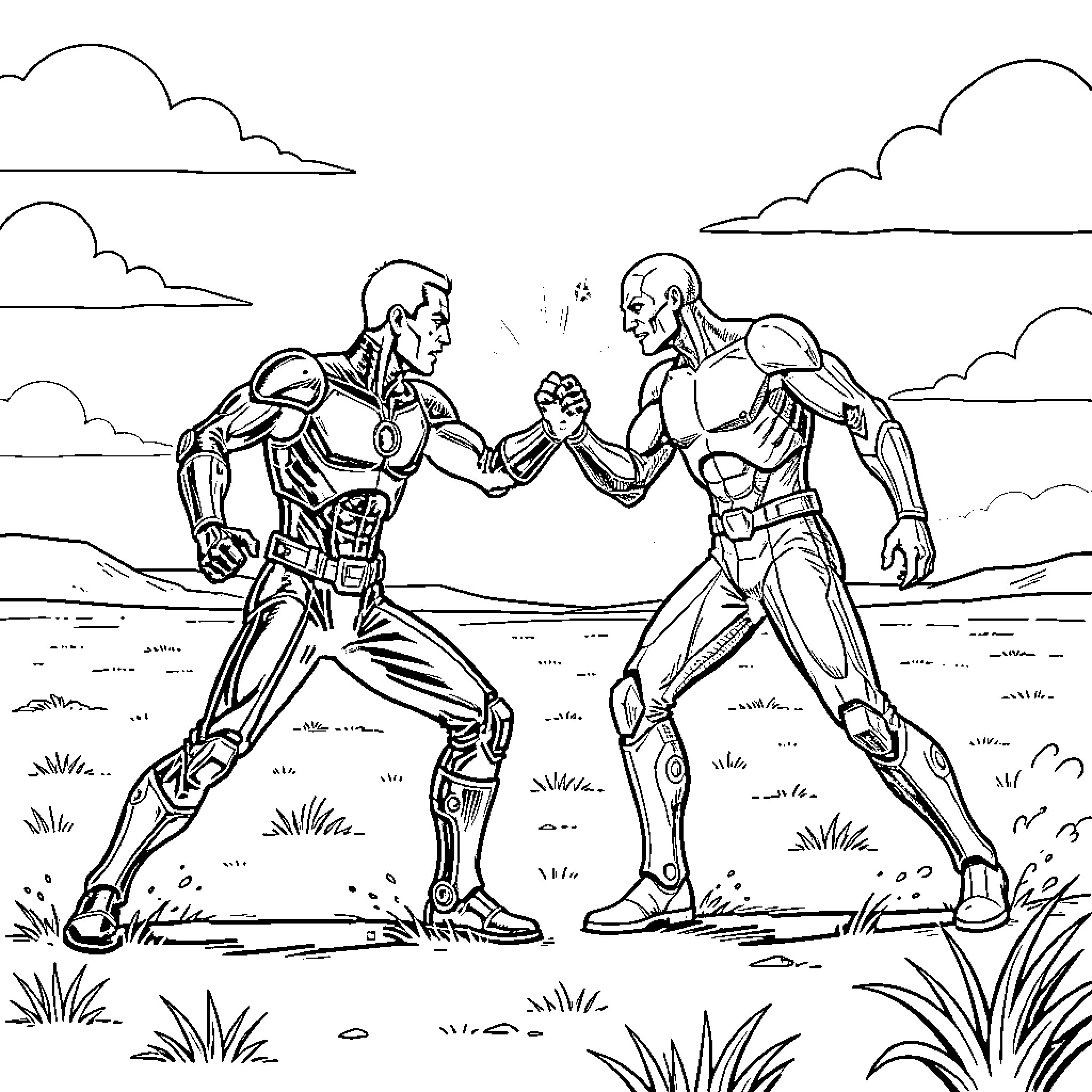 Neo Superheroes in Epic Standoff Coloring Page (free black-and-white line drawing printable PDF for all, from beginners to advanced learners, including children, teens, adults, and seniors)