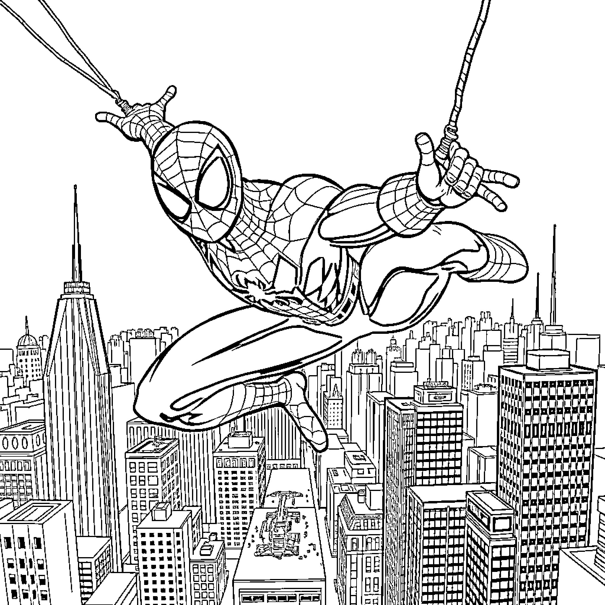 Spiderman swinging through the cityscape Coloring Page (free black-and-white line drawing printable PDF for all, from beginners to advanced learners, including children, teens, adults, and seniors)