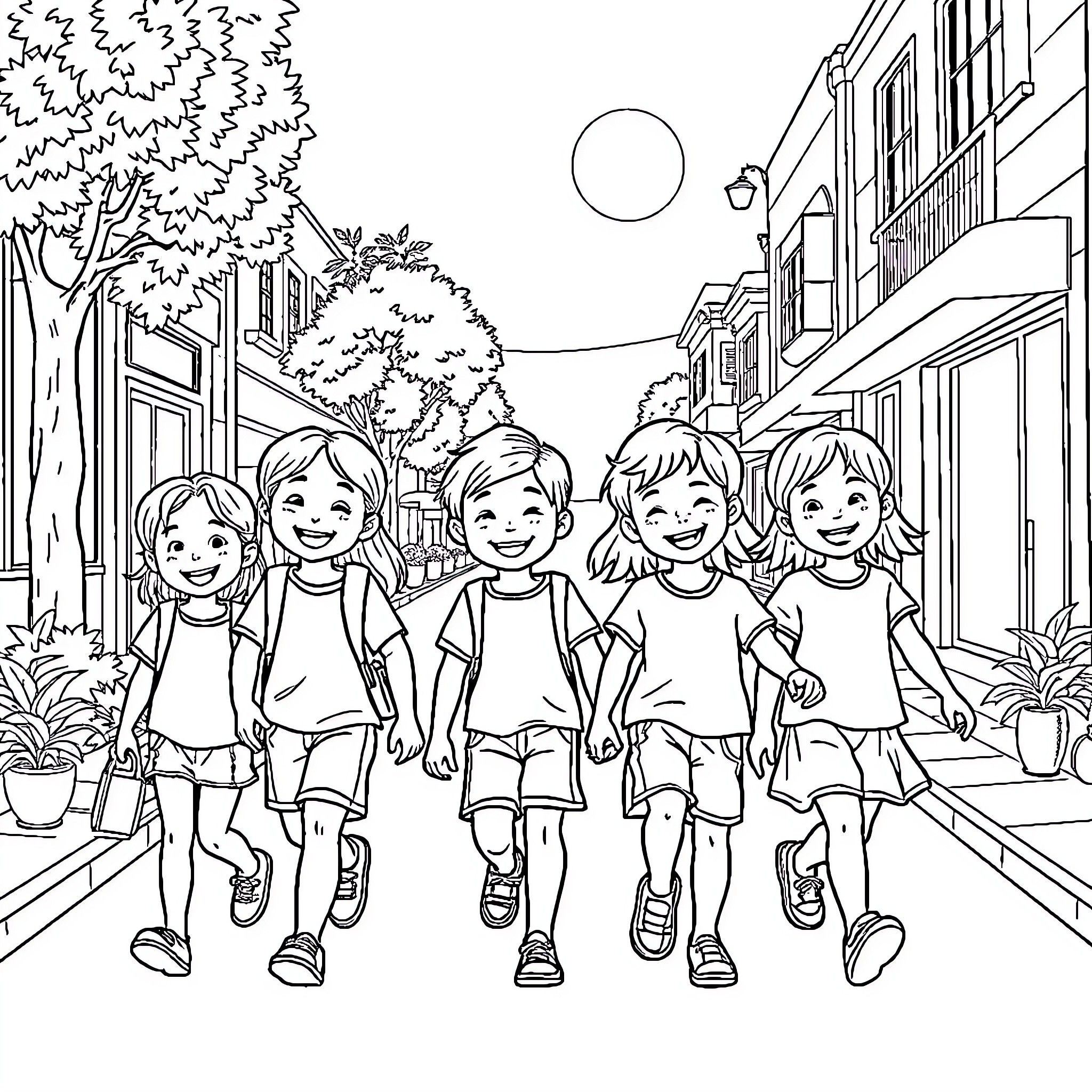Kid friends walking together down a street Coloring Page (free black-and-white line drawing printable PDF for all, from beginners to advanced learners, including children, teens, adults, and seniors)