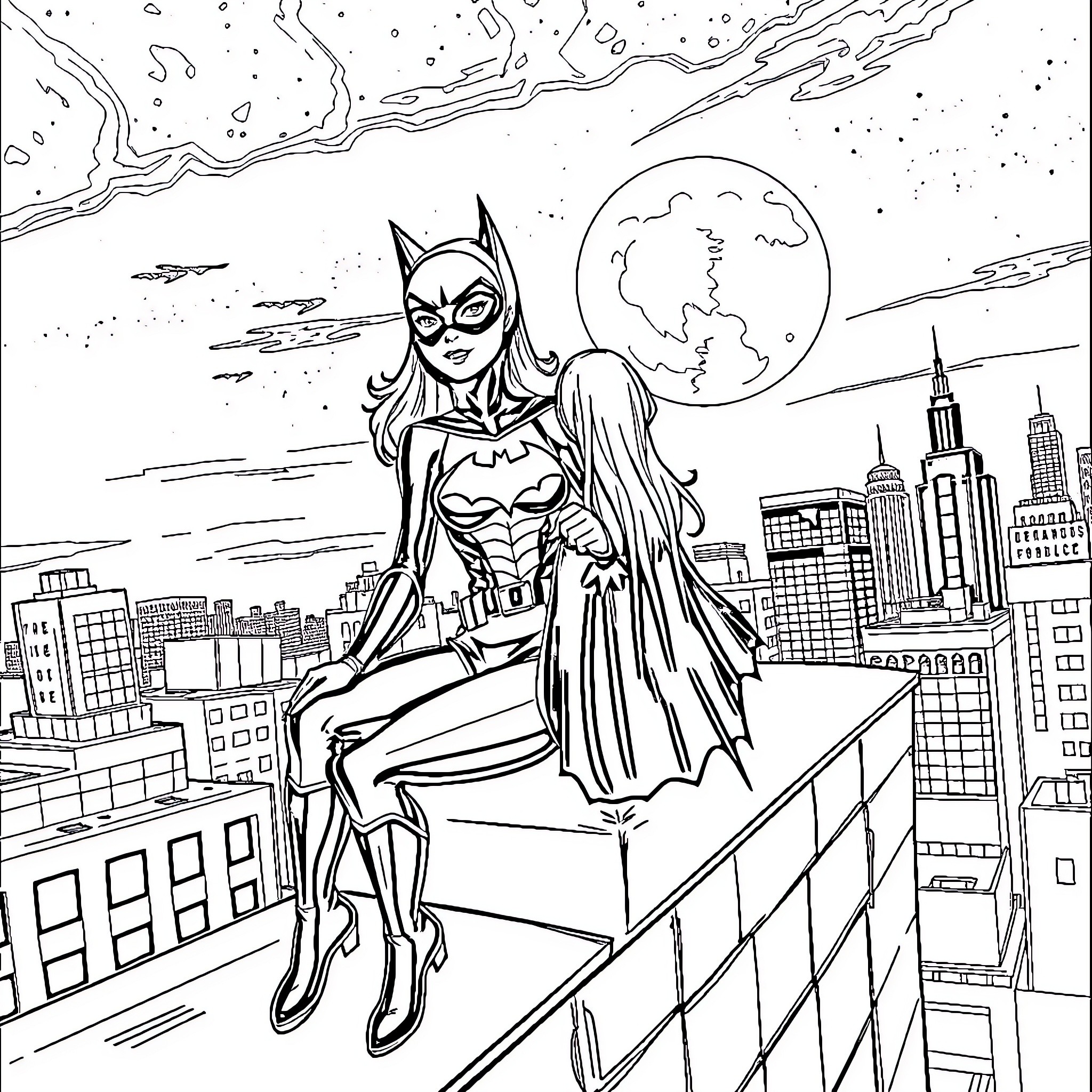 Batgirl overlooking the city on a moonlit night Coloring Page (free black-and-white line drawing printable PDF for all, from beginners to advanced learners, including children, teens, adults, and seniors)