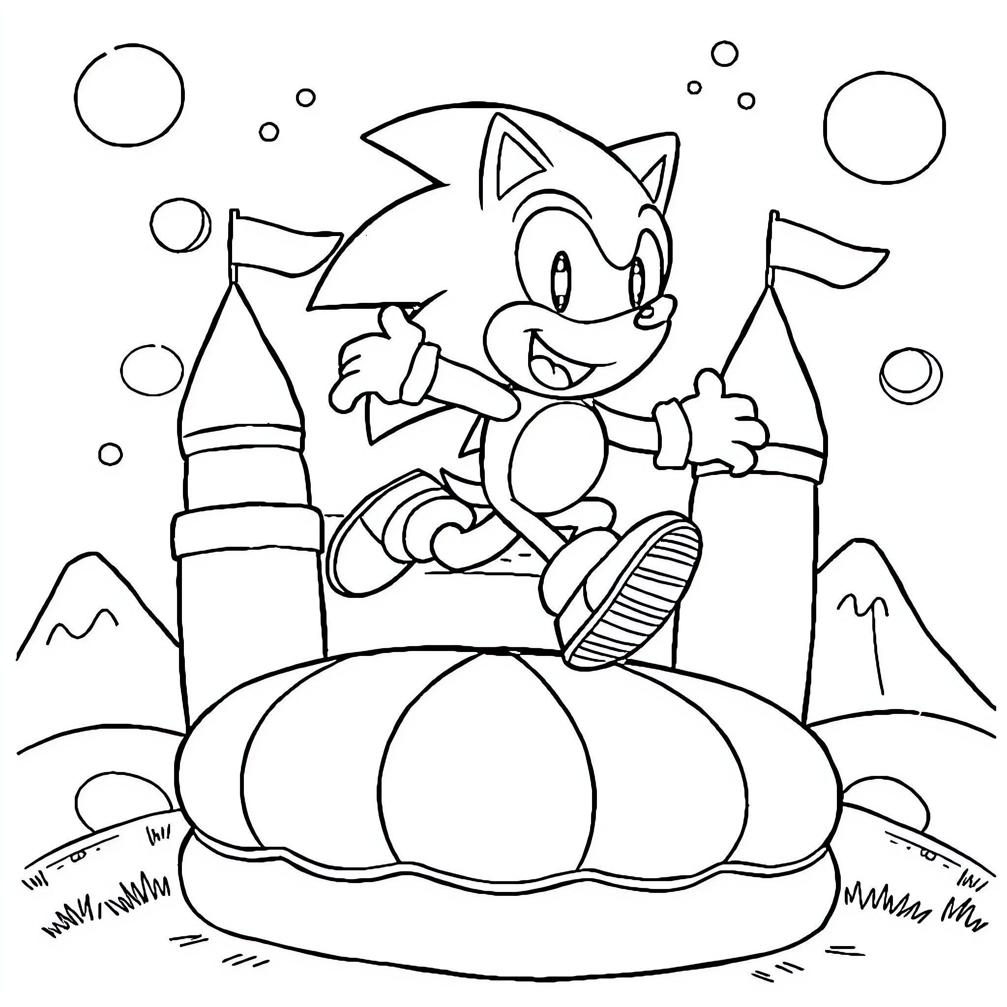 Sonic the Hedgehog explores a whimsical landscape Coloring Page (free black-and-white line drawing printable PDF for all, from beginners to advanced learners, including children, teens, adults, and seniors)