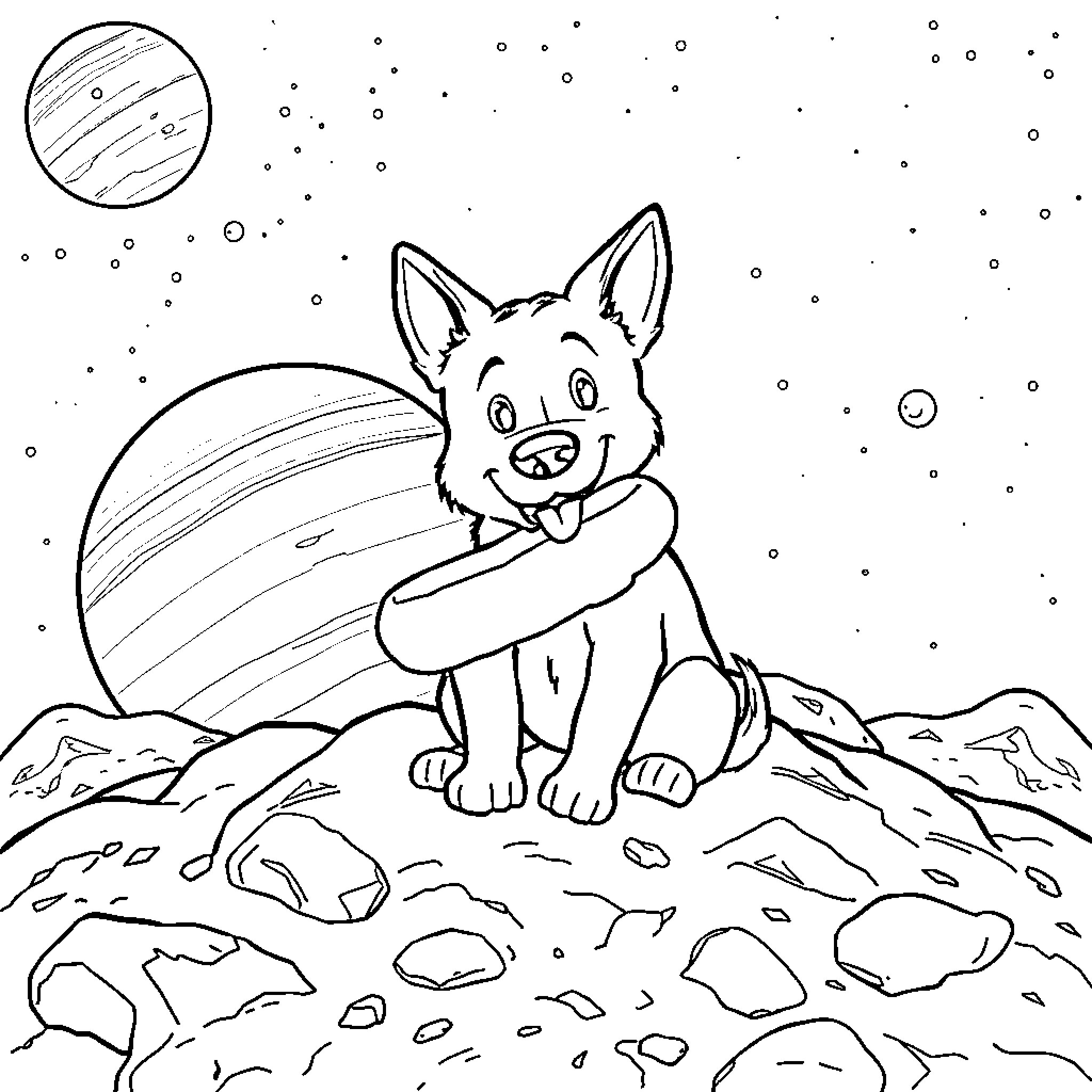 Dog exploring a starry night landscape Coloring Page (free black-and-white line drawing printable PDF for all, from beginners to advanced learners, including children, teens, adults, and seniors)