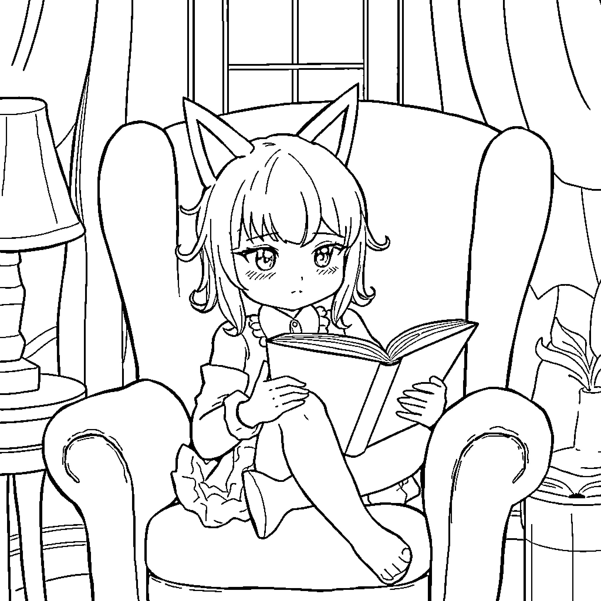REM - Anime Girl Reading Book in Cozy Armchair Coloring Page (free black-and-white line drawing printable PDF for all, from beginners to advanced learners, including children, teens, adults, and seniors)