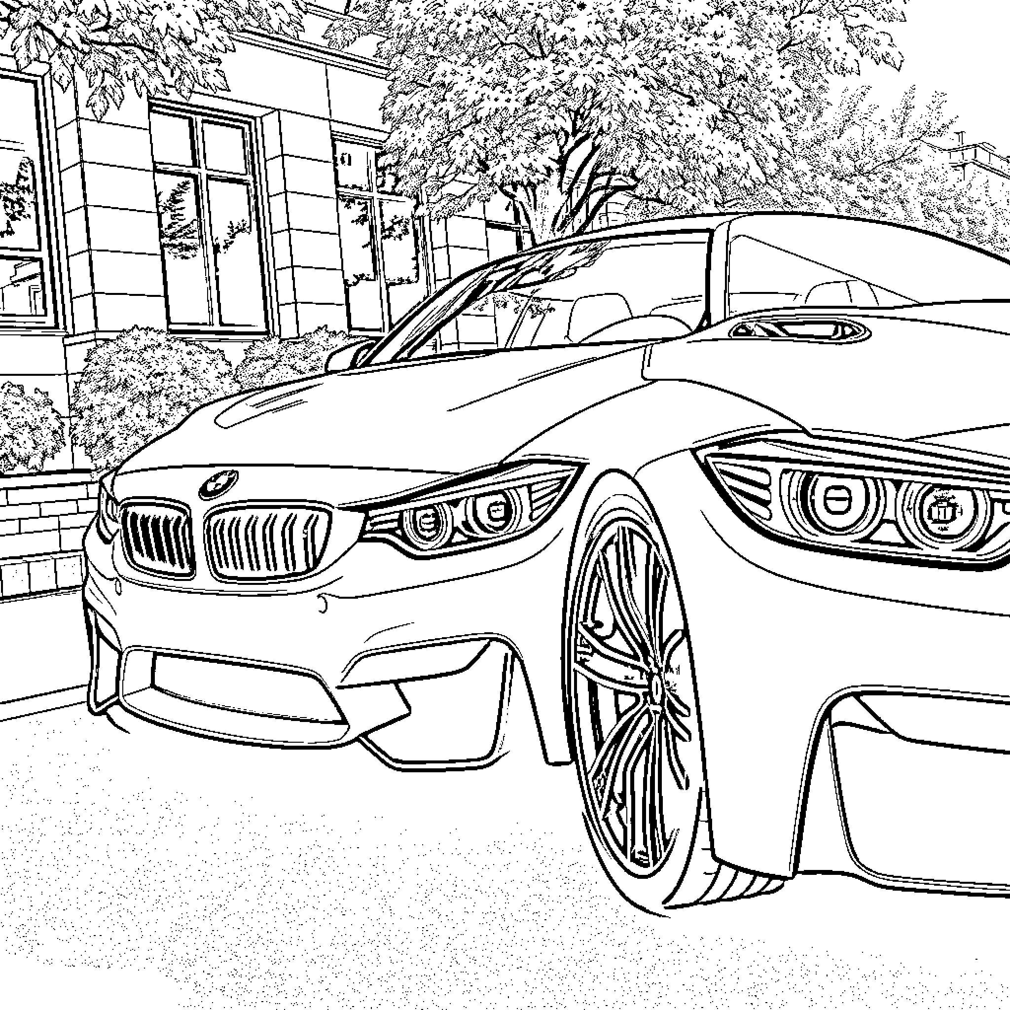 BMW Luxury Sports Car Parked on Snowy Street Coloring Page (free black-and-white line drawing printable PDF for all, from beginners to advanced learners, including children, teens, adults, and seniors)