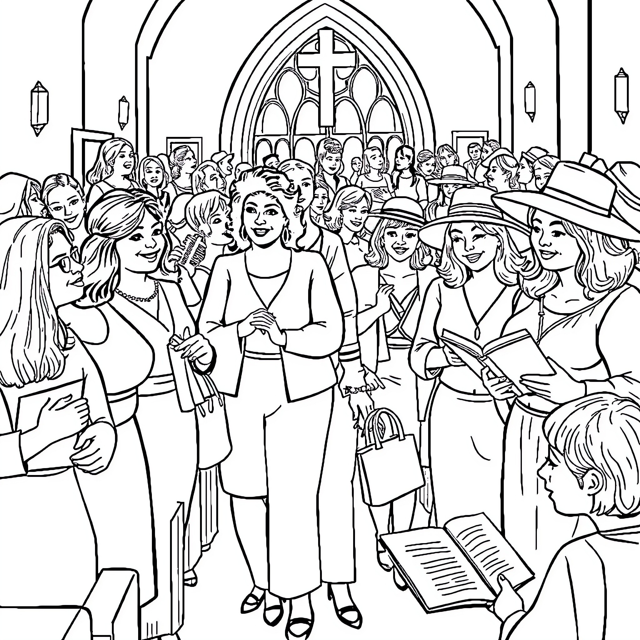 Woman in congregation at church service Coloring Page (free black-and-white line drawing printable PDF for all, from beginners to advanced learners, including children, teens, adults, and seniors)