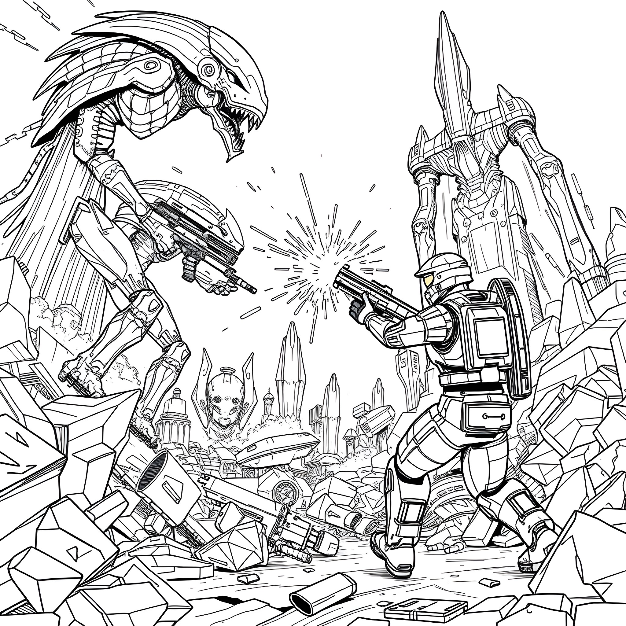 Halo - Epic battle between alien robots and futuristic warriors Coloring Page (free black-and-white line drawing printable PDF for all, from beginners to advanced learners, including children, teens, adults, and seniors)